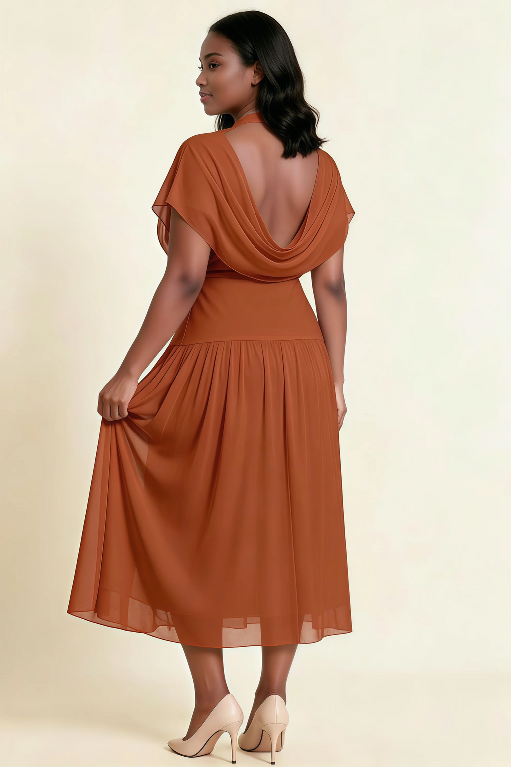 Alva Burnt Orange High Neck Gathered Skirt Midi Dress