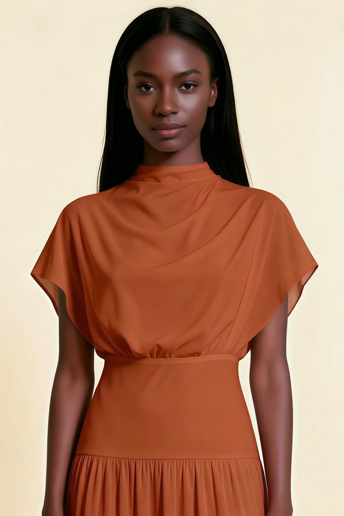 Alva Burnt Orange High Neck Gathered Skirt Midi Dress