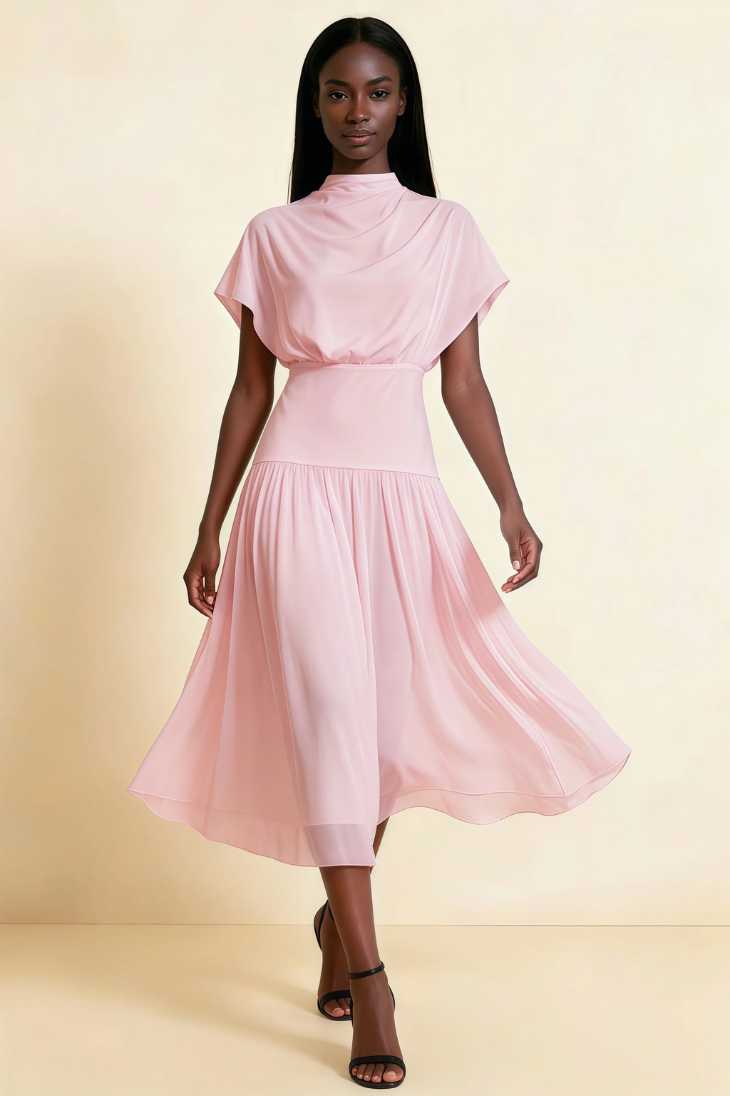 Alva Candy Pink High Neck Gathered Skirt Midi Dress