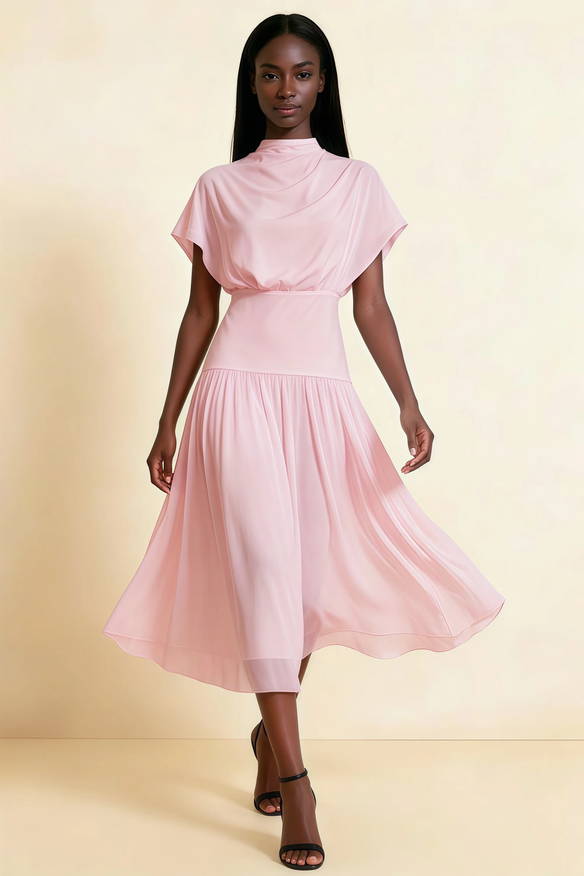 Alva Candy Pink High Neck Gathered Skirt Midi Dress