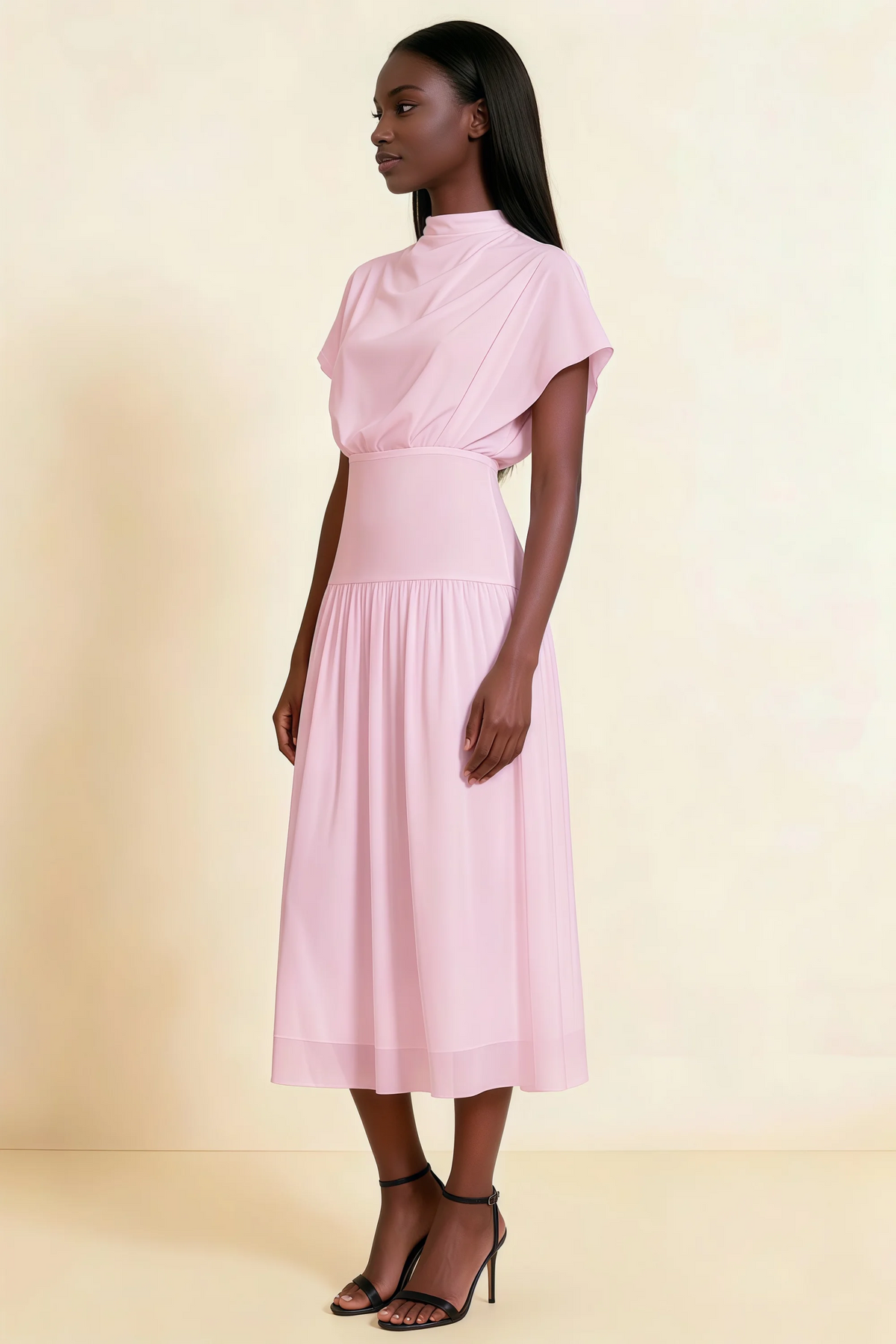 Alva Candy Pink High Neck Gathered Skirt Midi Dress