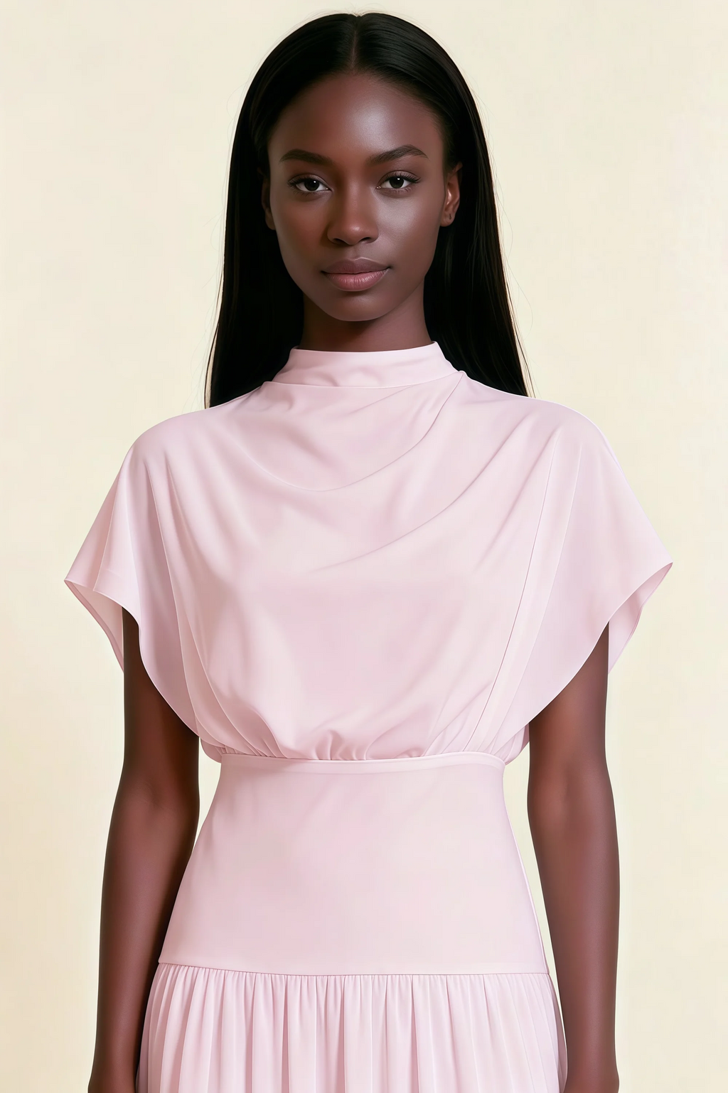 Alva Candy Pink High Neck Gathered Skirt Midi Dress