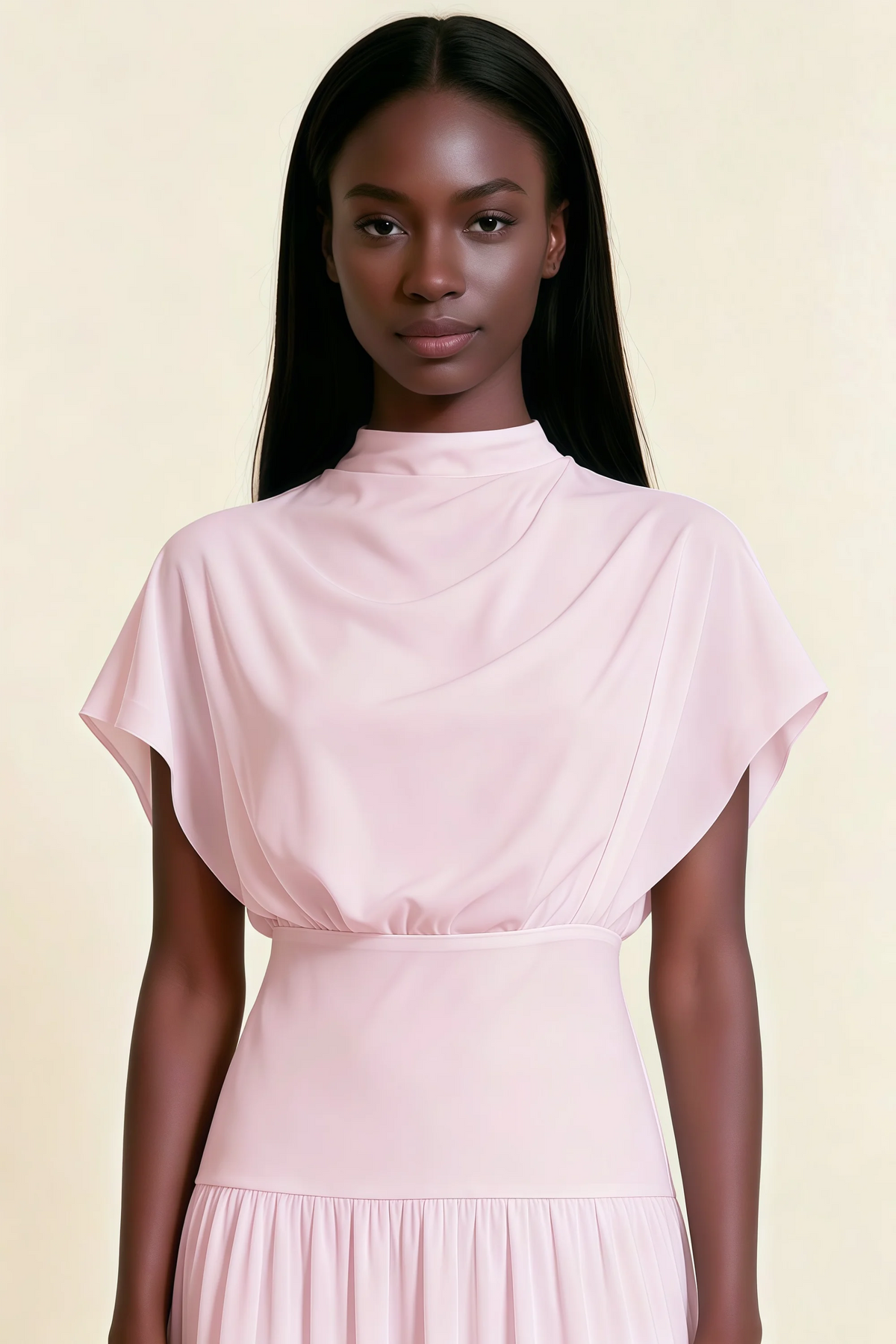 Alva Candy Pink High Neck Gathered Skirt Midi Dress