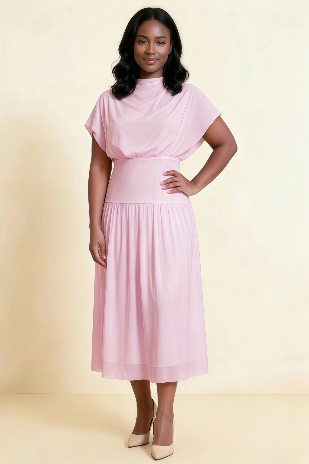Alva Candy Pink High Neck Gathered Skirt Midi Dress