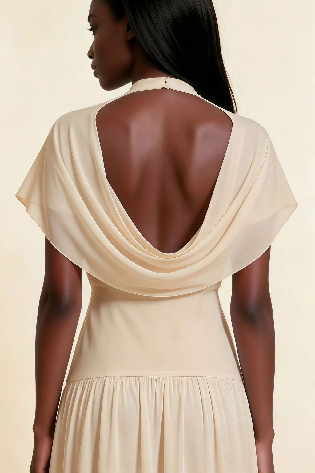 Alva Champagne High Neck Gathered Skirt Midi Dress