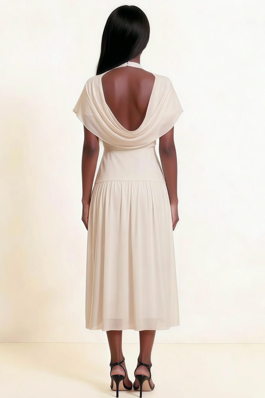 Alva Champagne High Neck Gathered Skirt Midi Dress