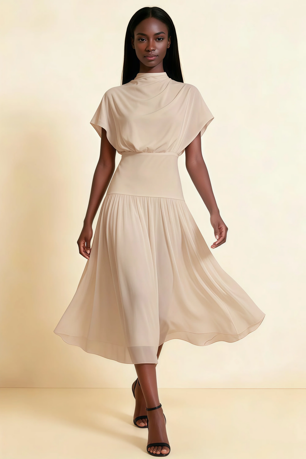 Alva Champagne High Neck Gathered Skirt Midi Dress