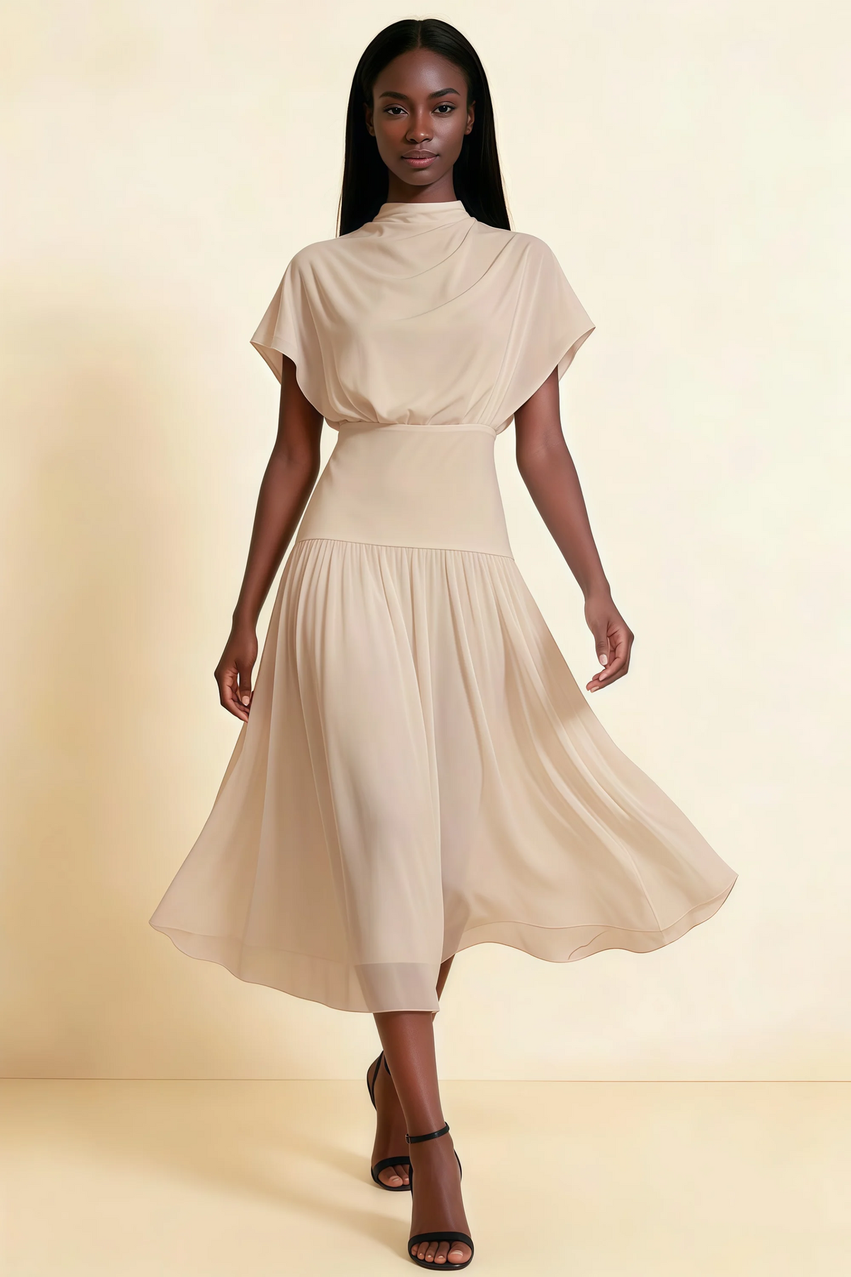 Alva Champagne High Neck Gathered Skirt Midi Dress