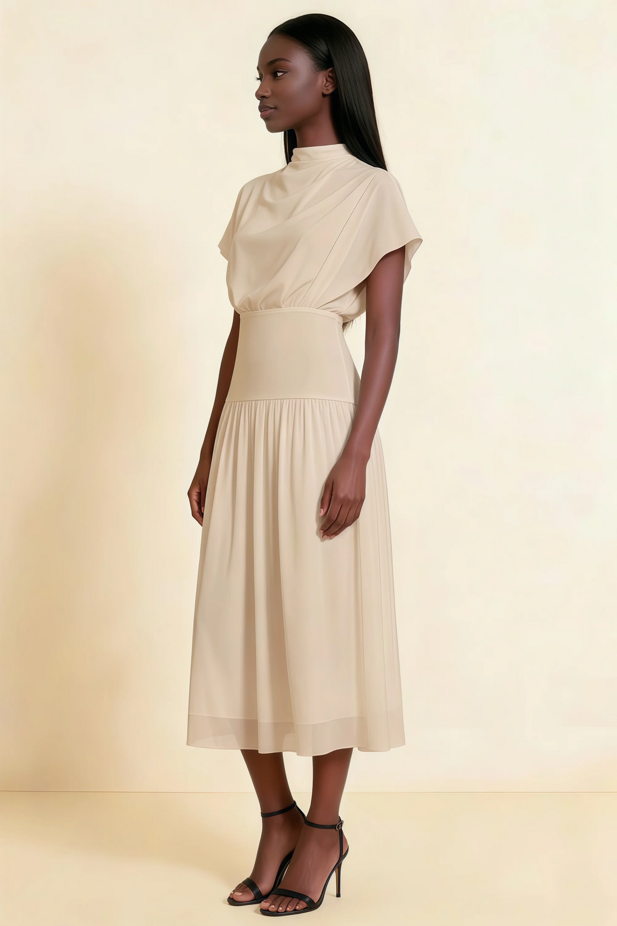 Alva Champagne High Neck Gathered Skirt Midi Dress