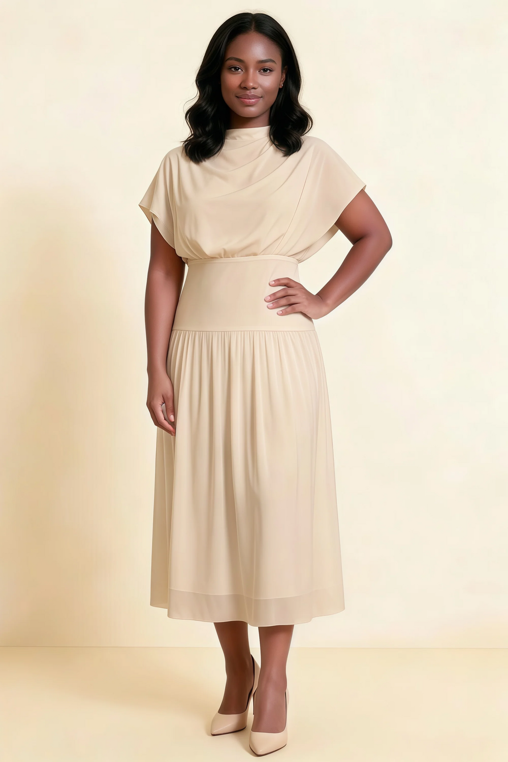 Alva Champagne High Neck Gathered Skirt Midi Dress