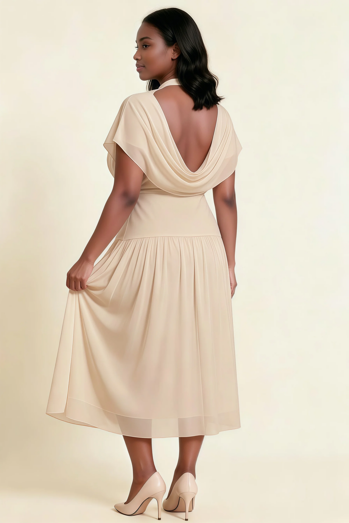 Alva Champagne High Neck Gathered Skirt Midi Dress