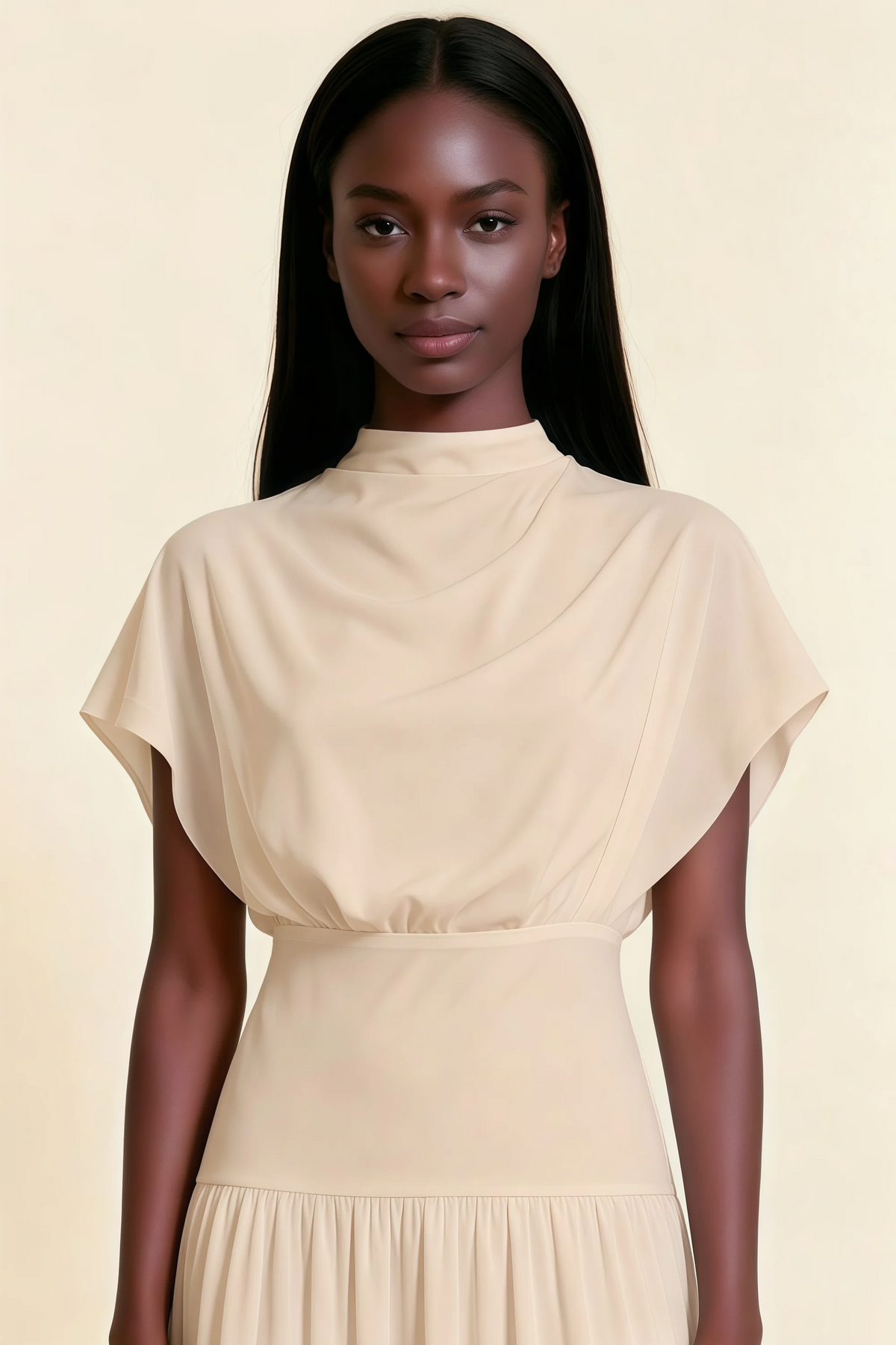 Alva Champagne High Neck Gathered Skirt Midi Dress