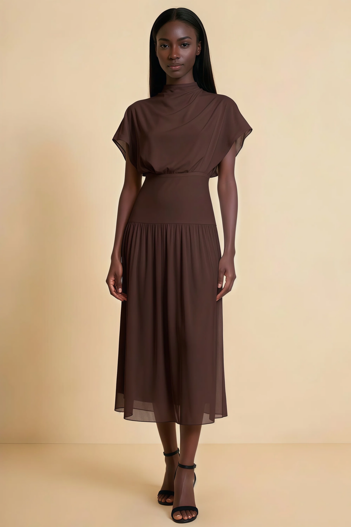Alva Chocolate Brown High Neck Gathered Skirt Midi Dress