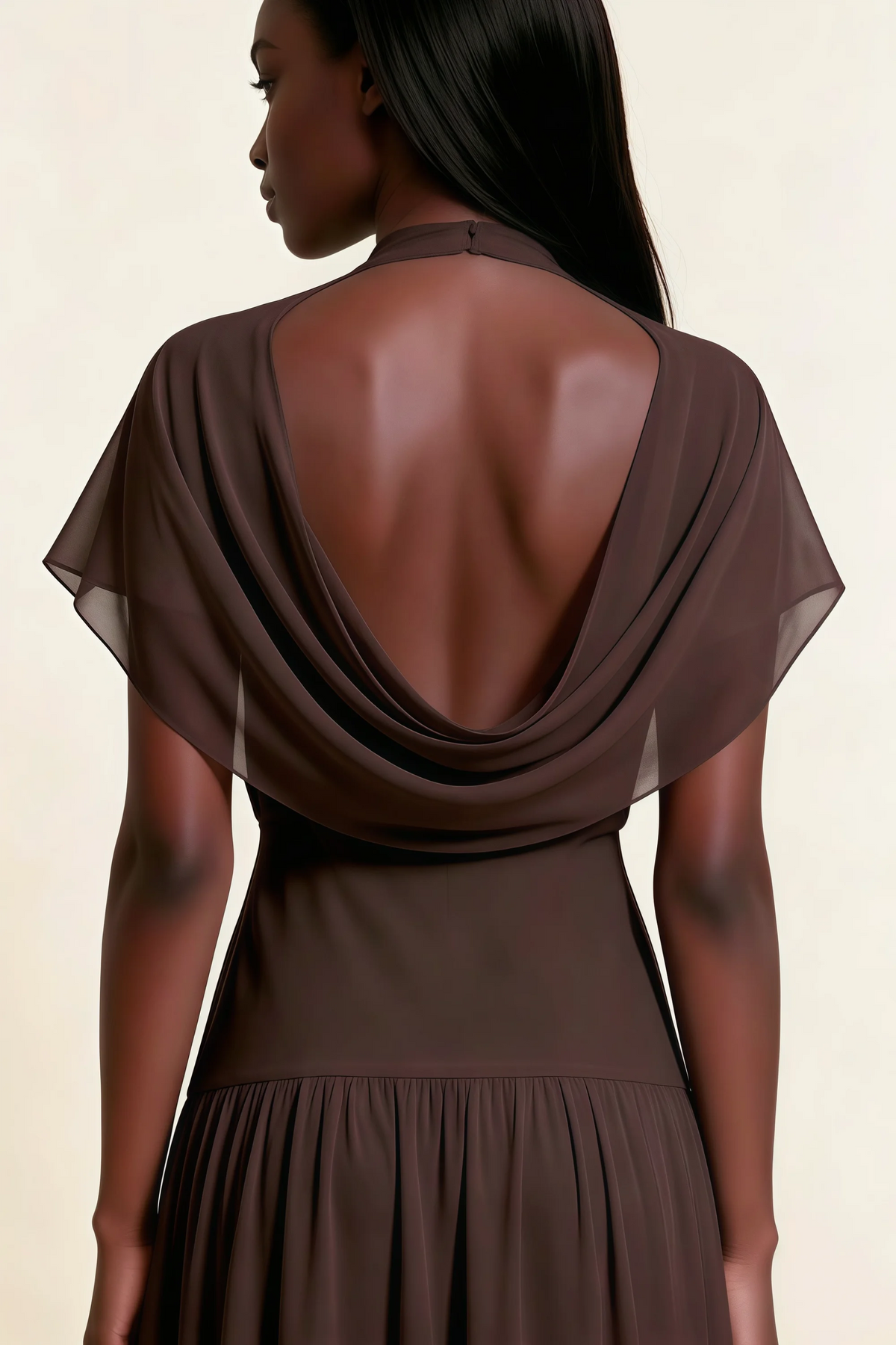 Alva Chocolate Brown High Neck Gathered Skirt Midi Dress