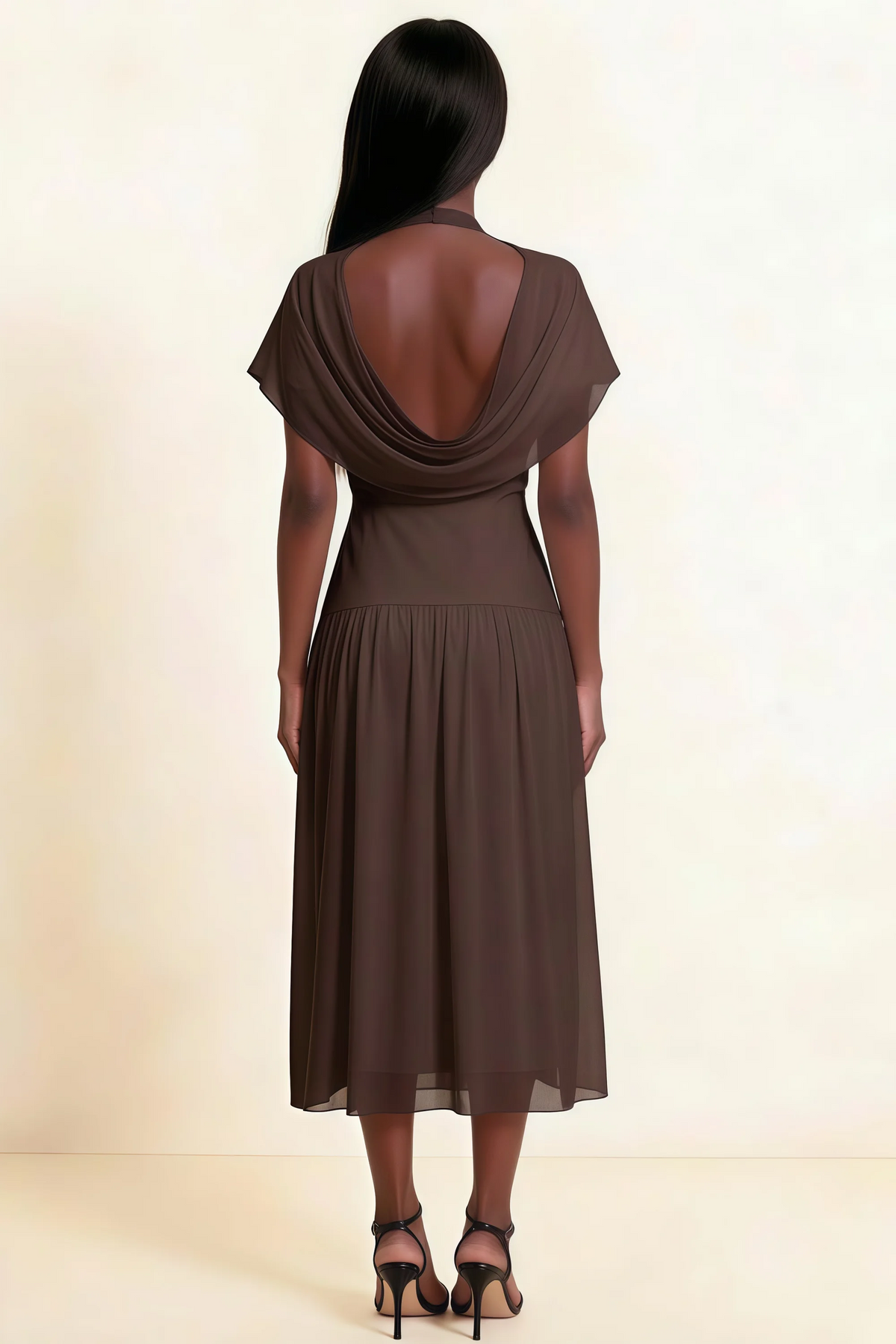 Alva Chocolate Brown High Neck Gathered Skirt Midi Dress