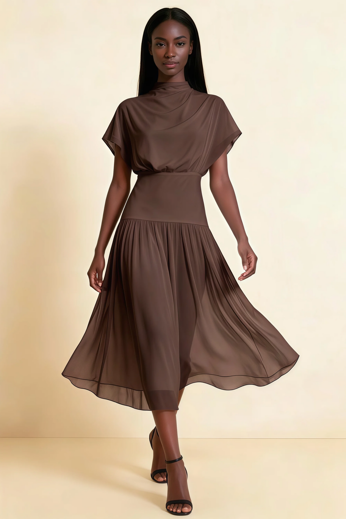 Alva Chocolate Brown High Neck Gathered Skirt Midi Dress