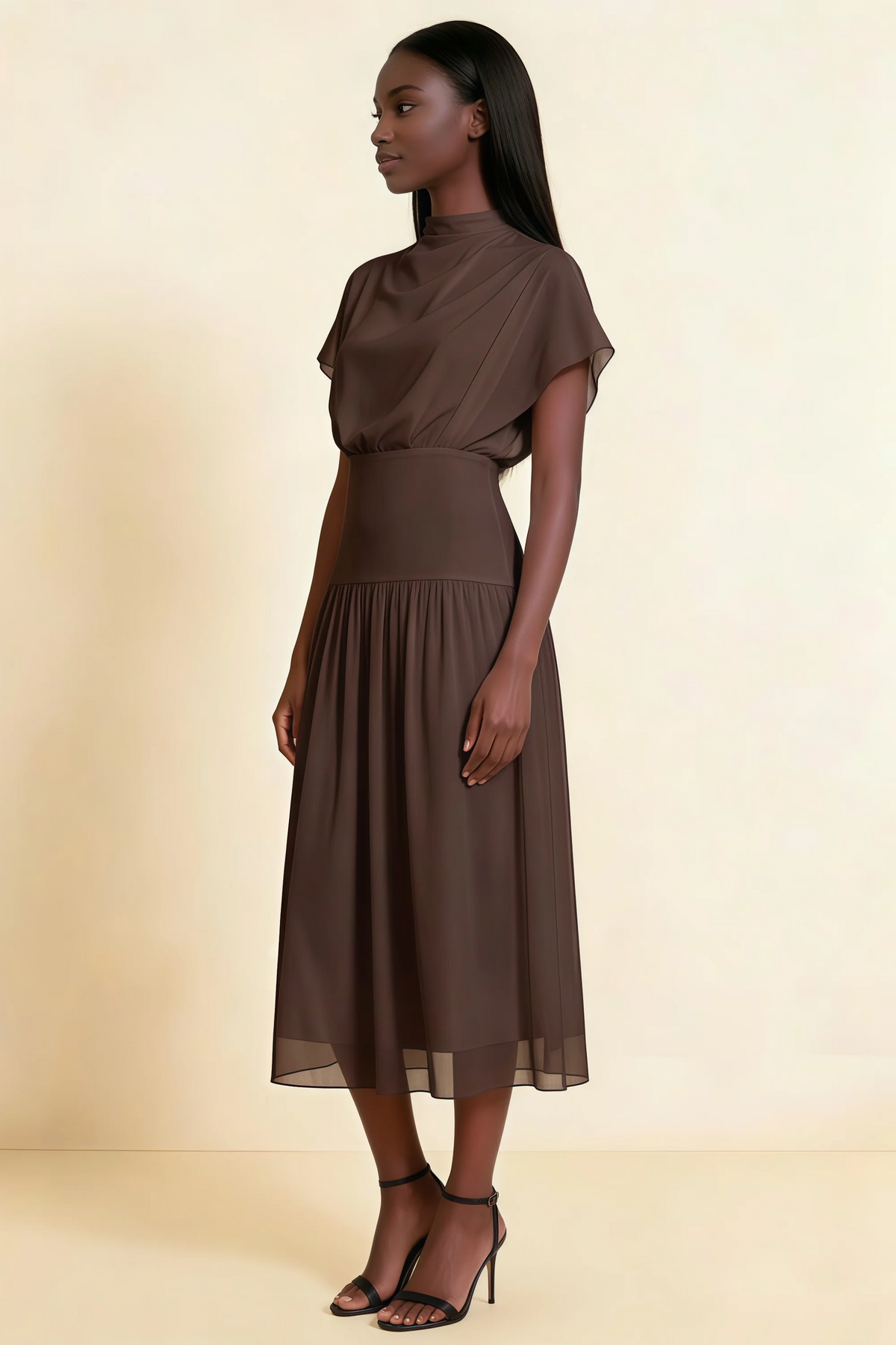 Alva Chocolate Brown High Neck Gathered Skirt Midi Dress