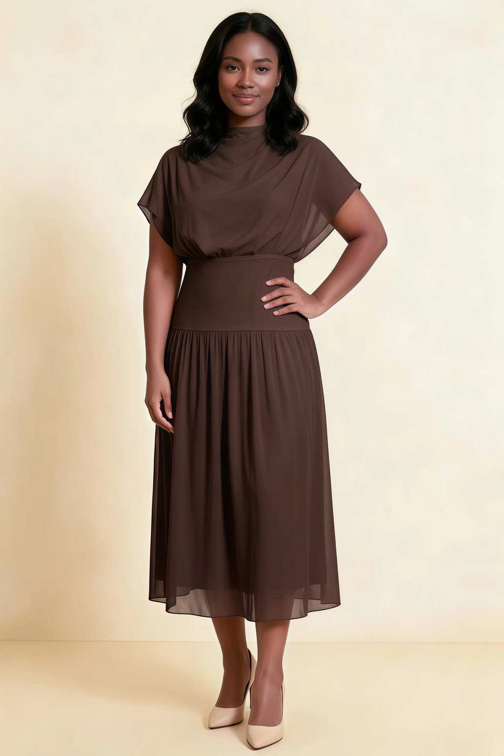 Alva Chocolate Brown High Neck Gathered Skirt Midi Dress