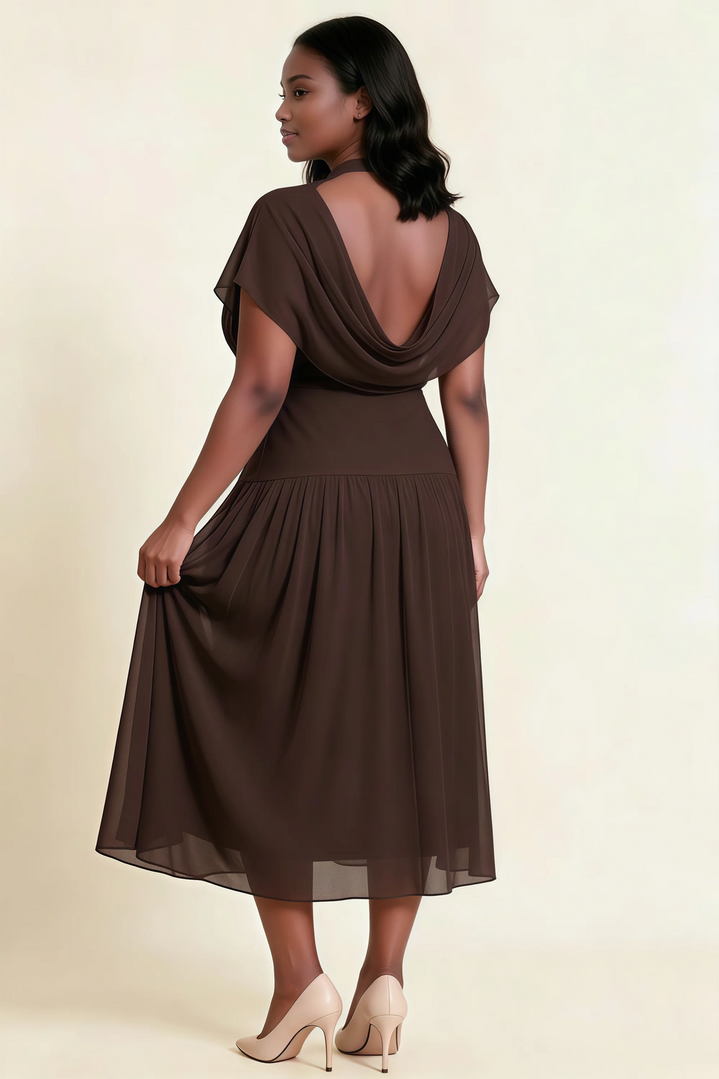 Alva Chocolate Brown High Neck Gathered Skirt Midi Dress