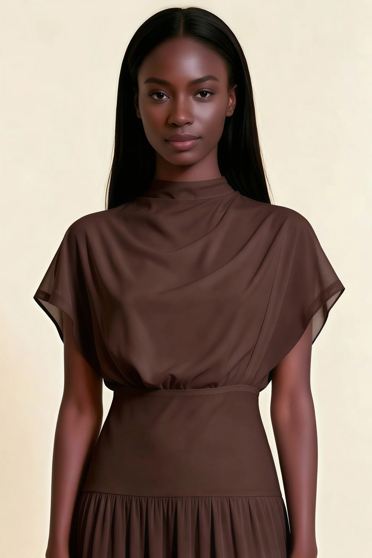 Alva Chocolate Brown High Neck Gathered Skirt Midi Dress