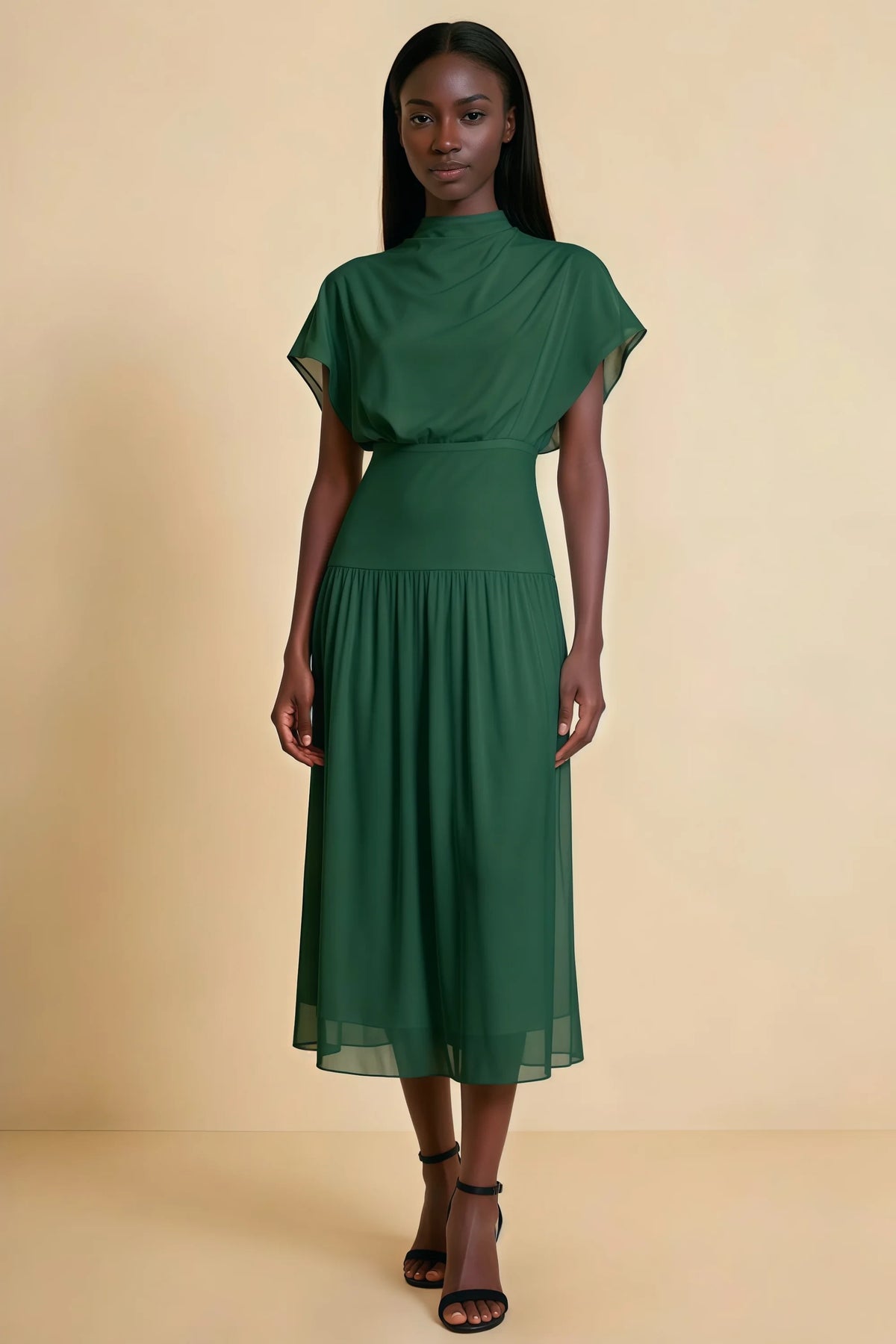 Alva Dark Green High Neck Gathered Skirt Midi Dress Imagen principal del producto