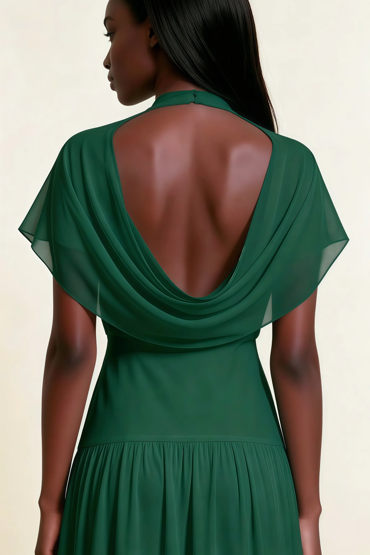 Alva Dark Green High Neck Gathered Skirt Midi Dress