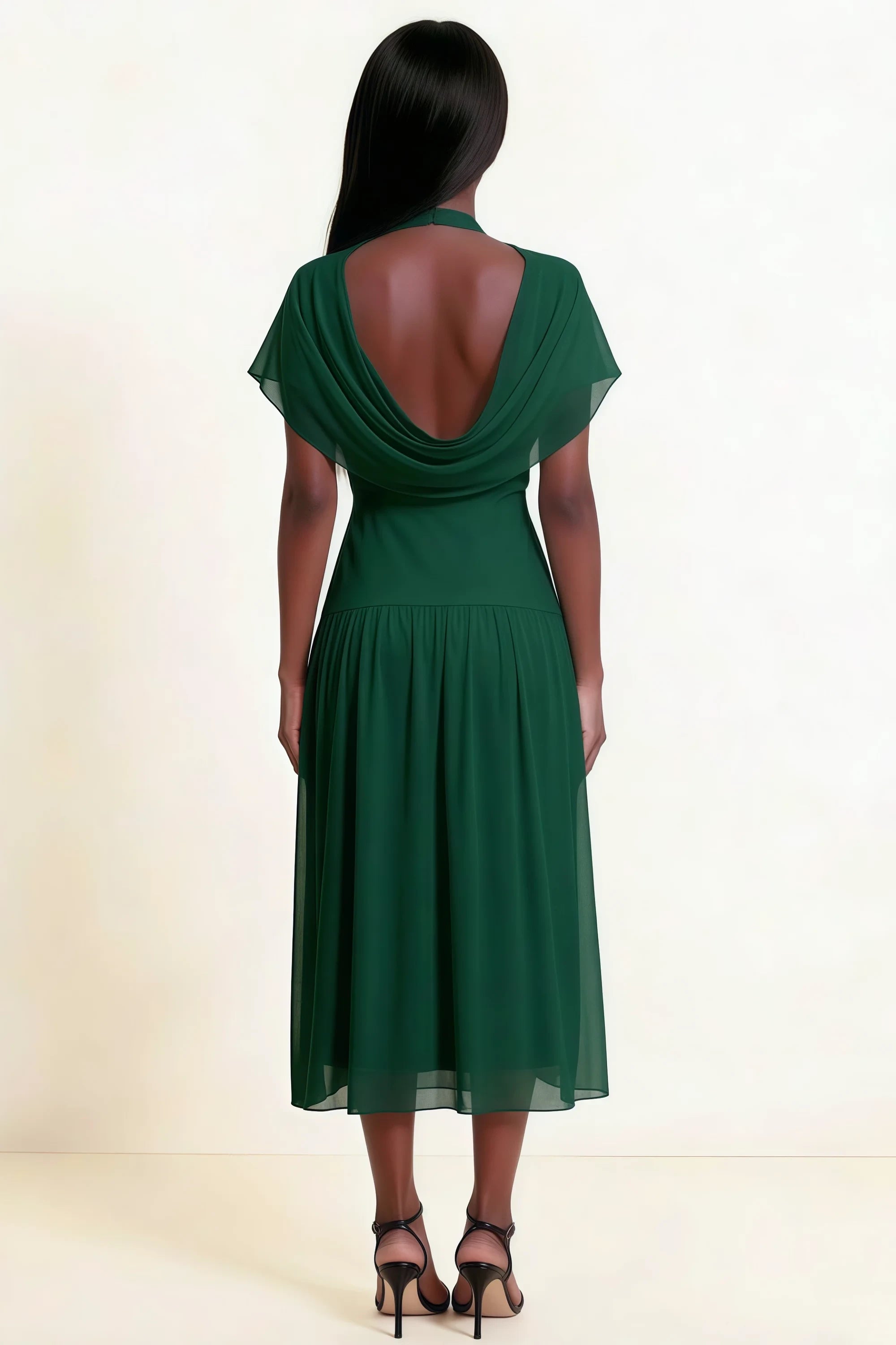 Alva Dark Green High Neck Gathered Skirt Midi Dress Imagen secundaria del producto
