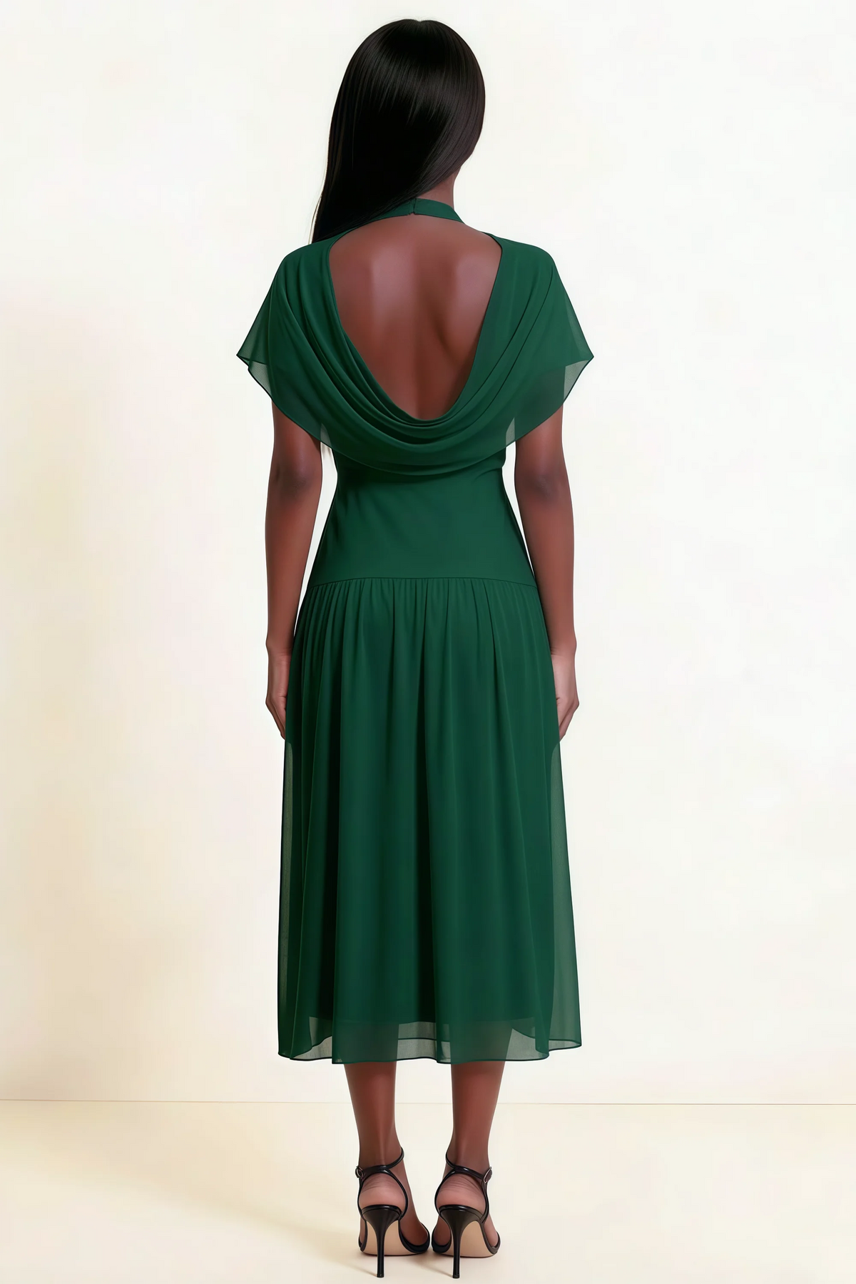 Alva Dark Green High Neck Gathered Skirt Midi Dress