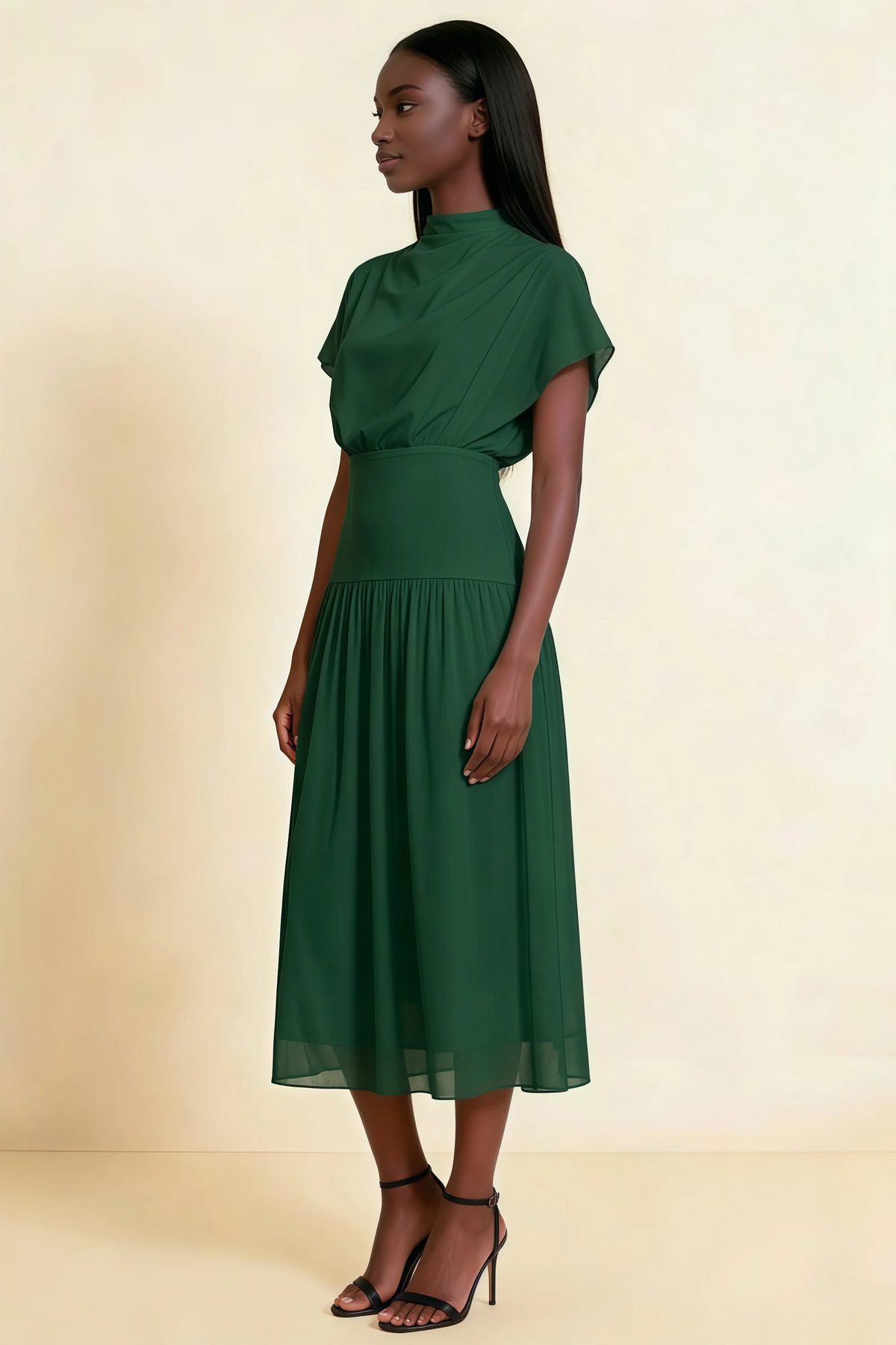 Alva Dark Green High Neck Gathered Skirt Midi Dress
