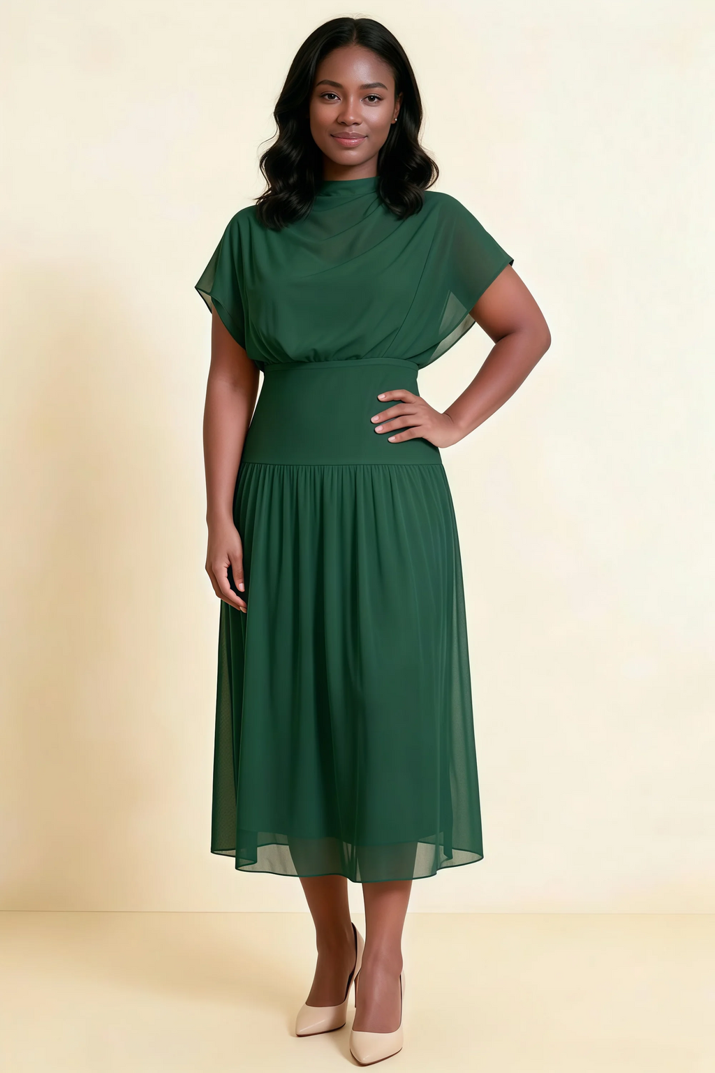 Alva Dark Green High Neck Gathered Skirt Midi Dress