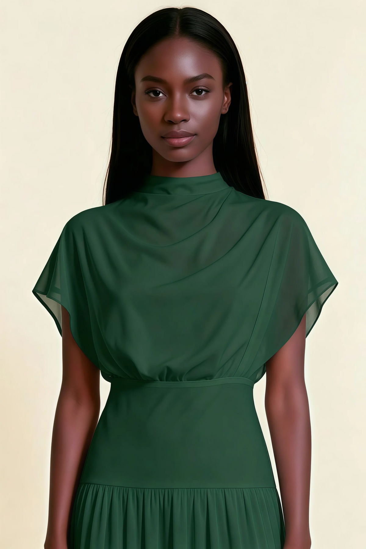 Alva Dark Green High Neck Gathered Skirt Midi Dress