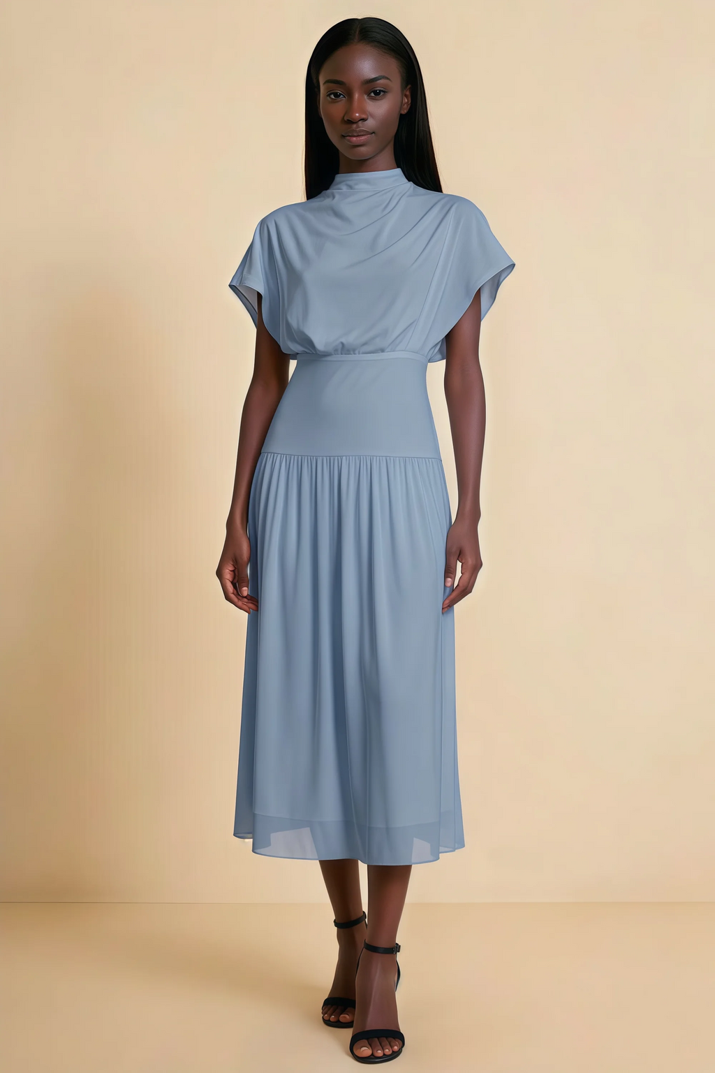 Alva Dusty Blue High Neck Gathered Skirt Midi Dress
