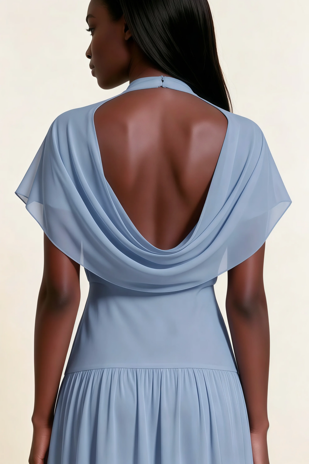Alva Dusty Blue High Neck Gathered Skirt Midi Dress