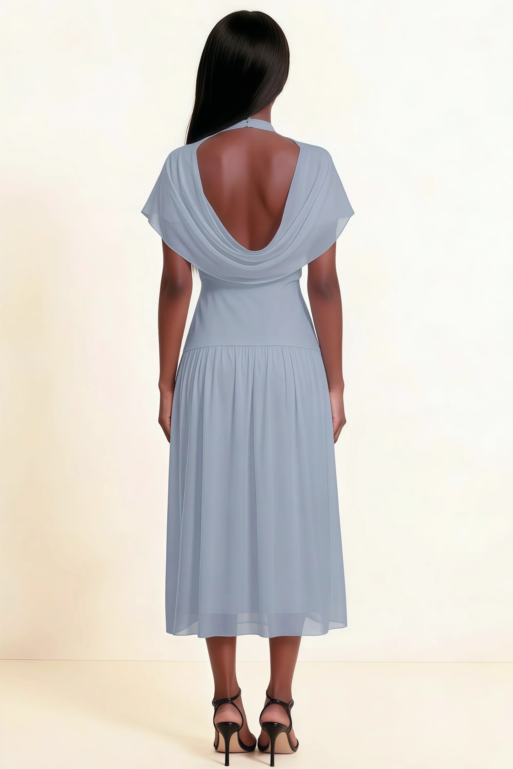 Alva Dusty Blue High Neck Gathered Skirt Midi Dress Secondary image
