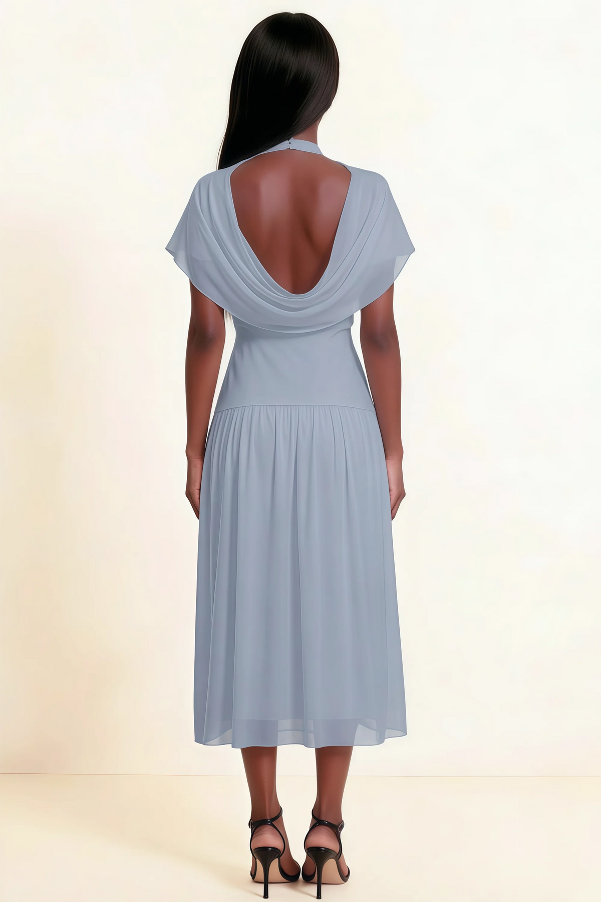 Alva Dusty Blue High Neck Gathered Skirt Midi Dress