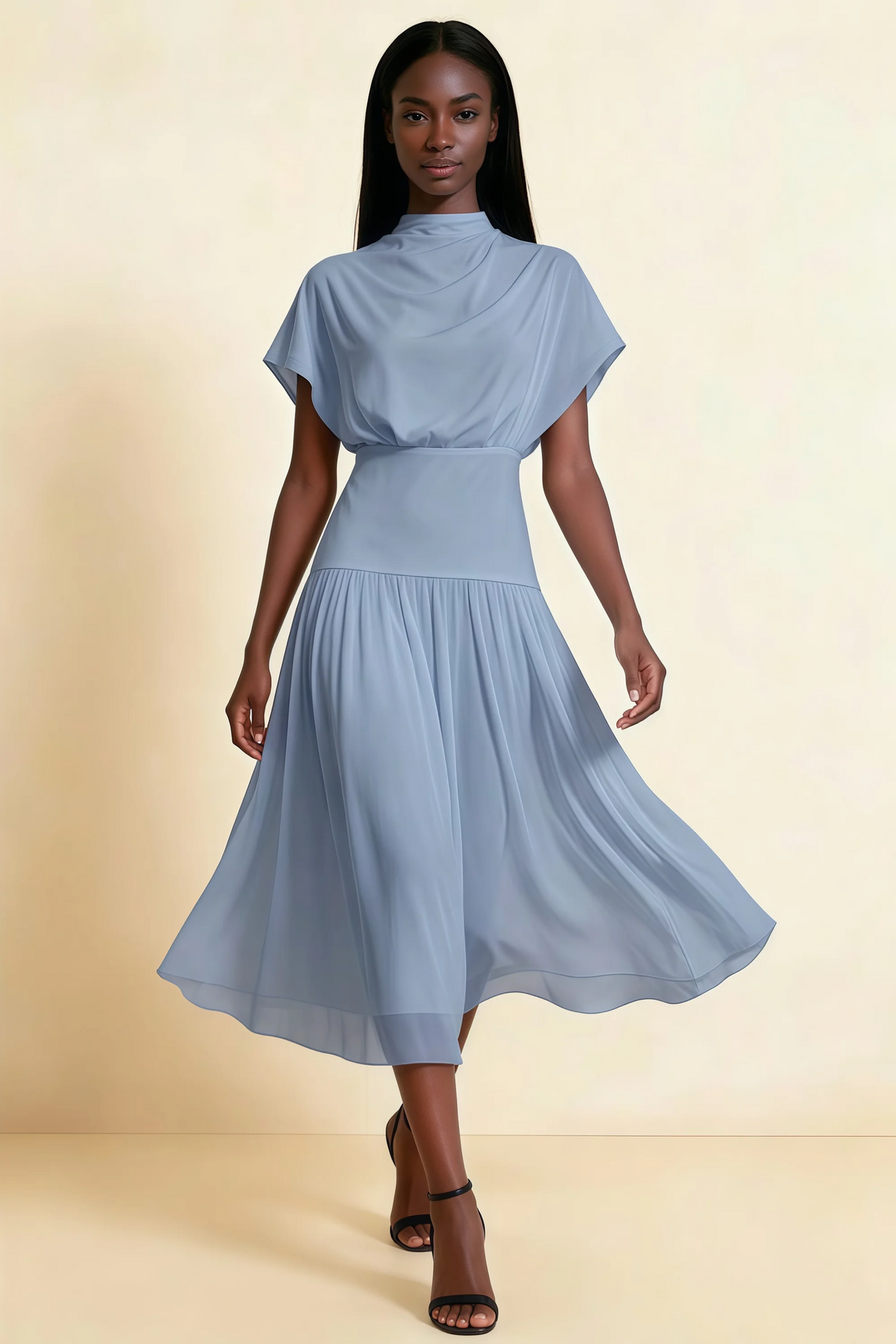 Alva Dusty Blue High Neck Gathered Skirt Midi Dress
