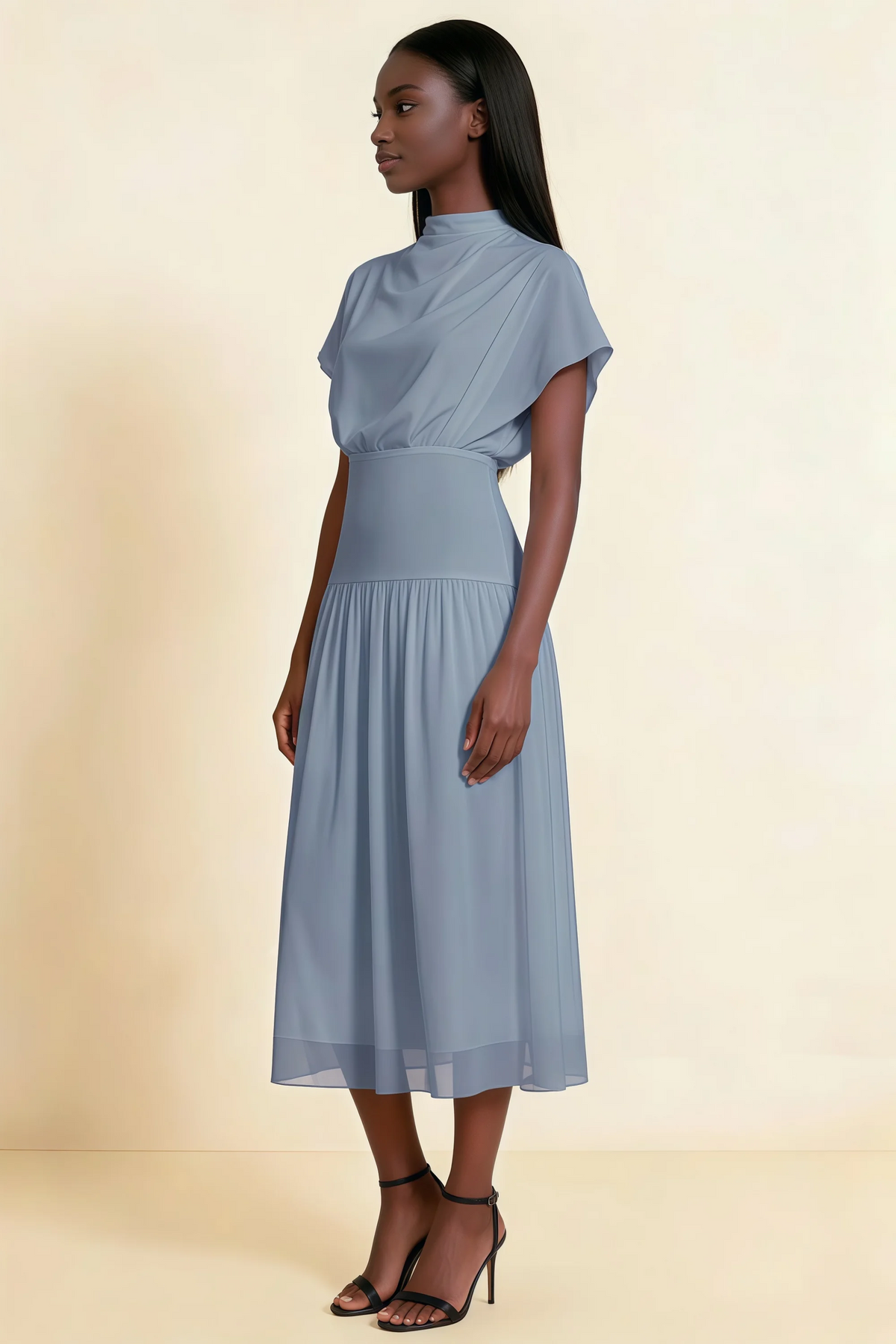 Alva Dusty Blue High Neck Gathered Skirt Midi Dress