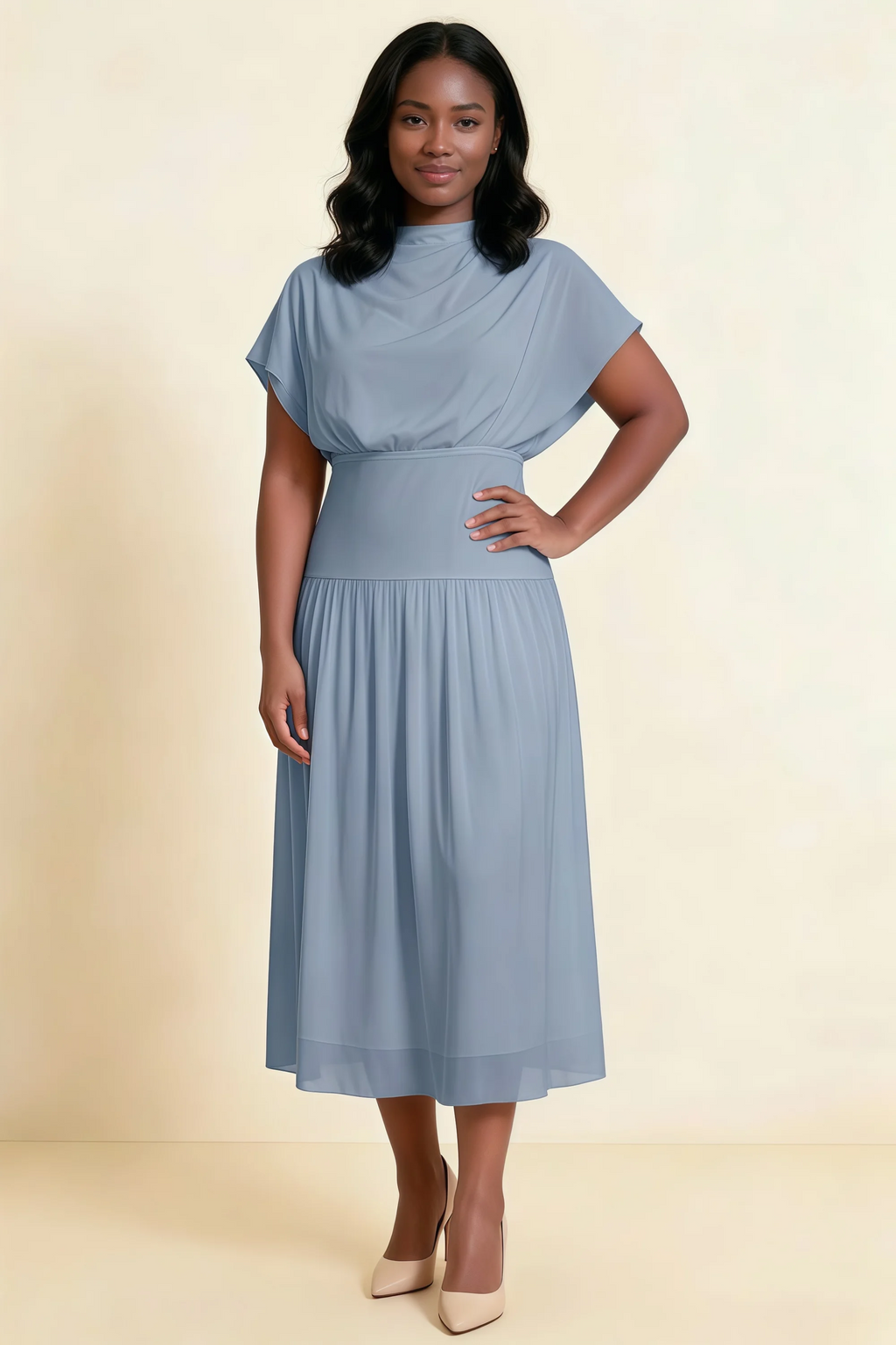 Alva Dusty Blue High Neck Gathered Skirt Midi Dress