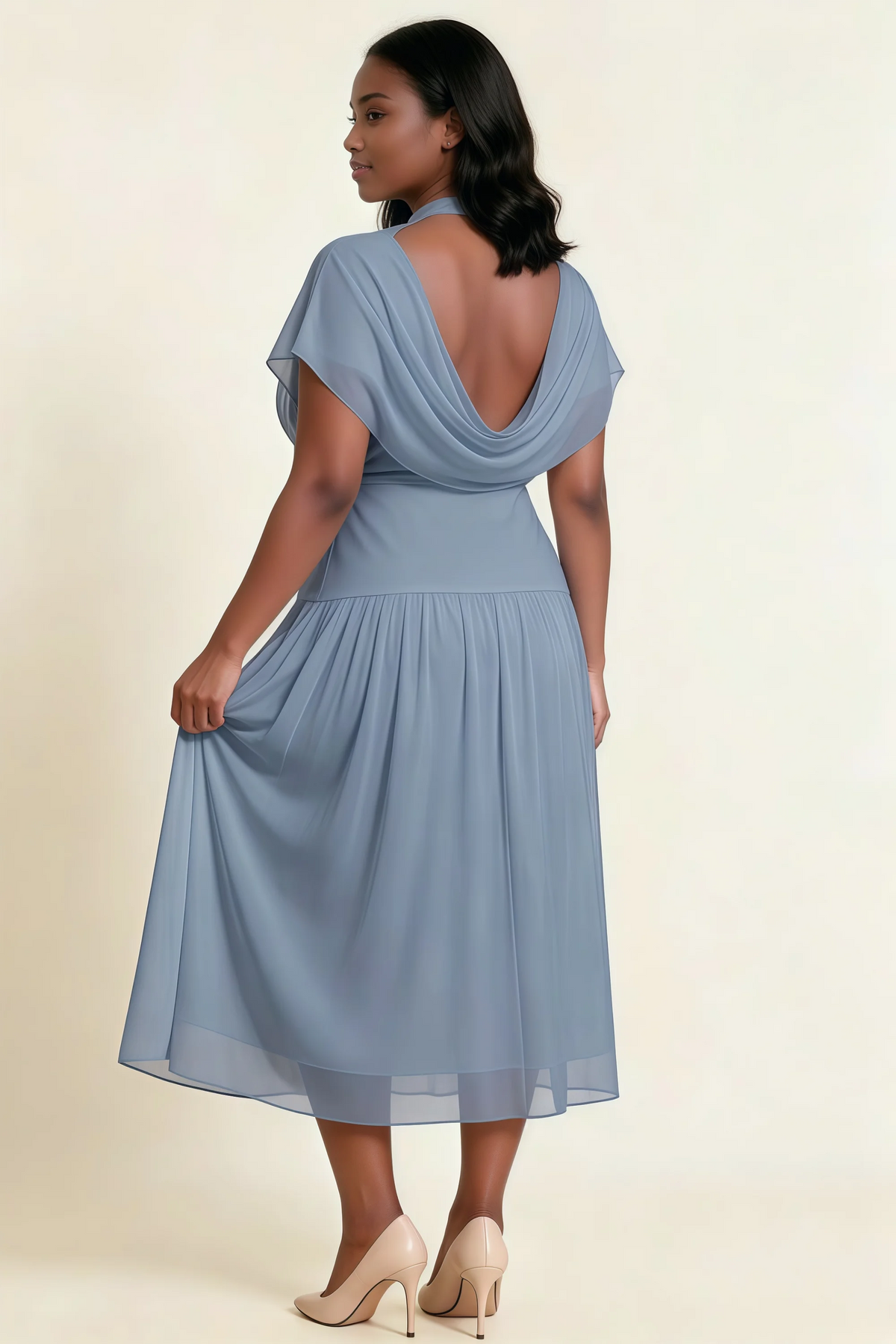 Alva Dusty Blue High Neck Gathered Skirt Midi Dress