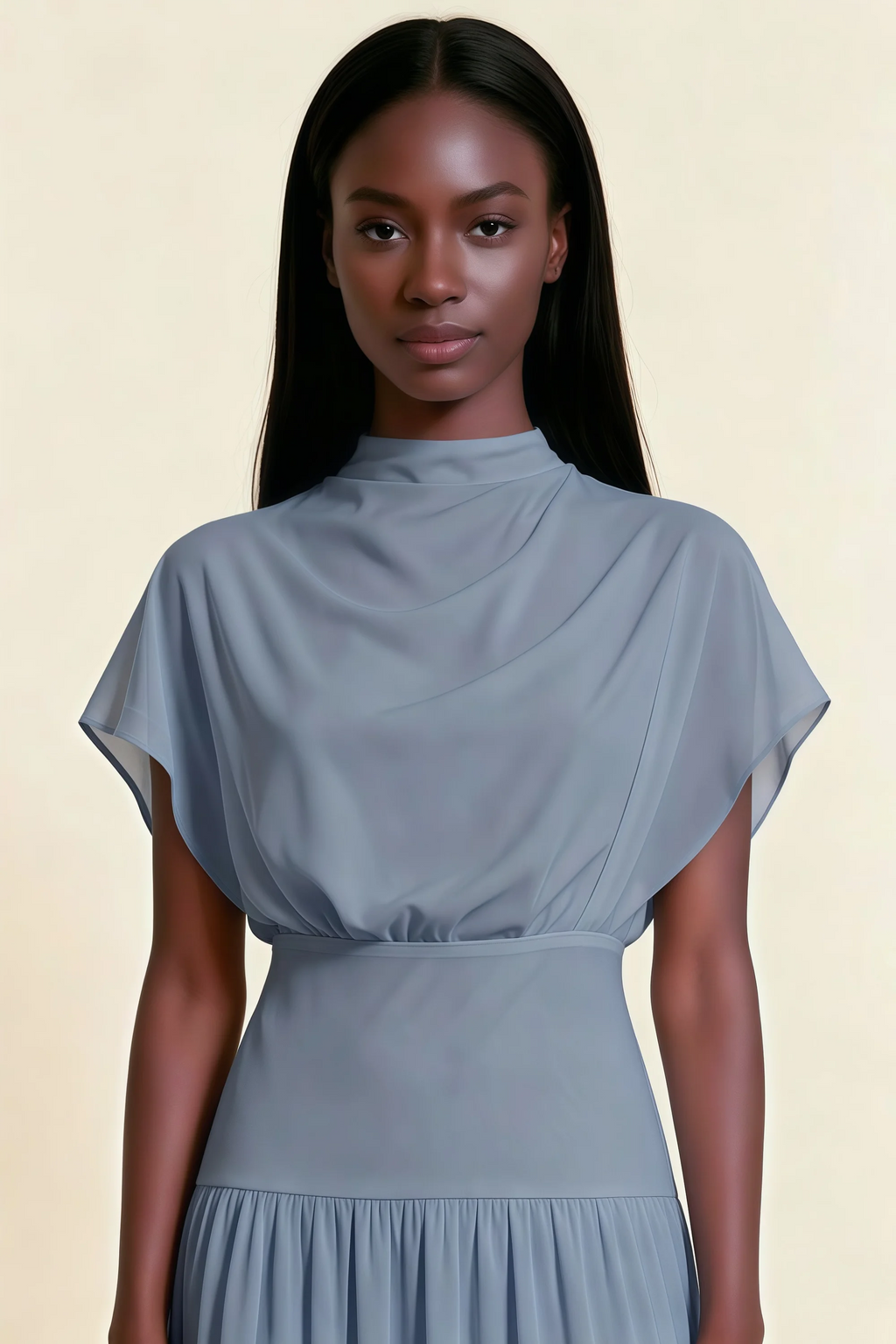 Alva Dusty Blue High Neck Gathered Skirt Midi Dress