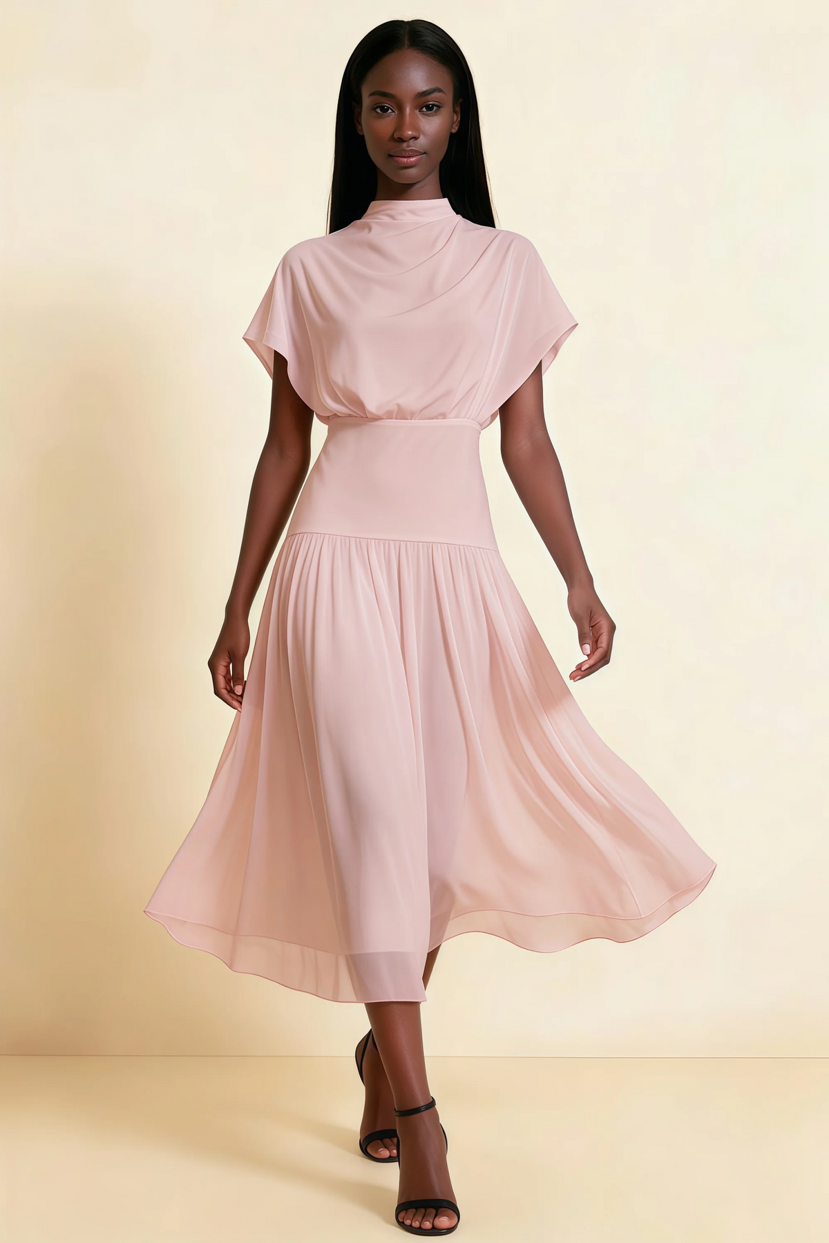 Alva Dusty Rose High Neck Gathered Skirt Midi Dress