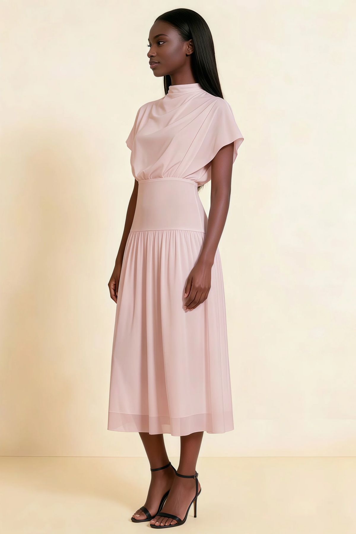 Alva Dusty Rose High Neck Gathered Skirt Midi Dress