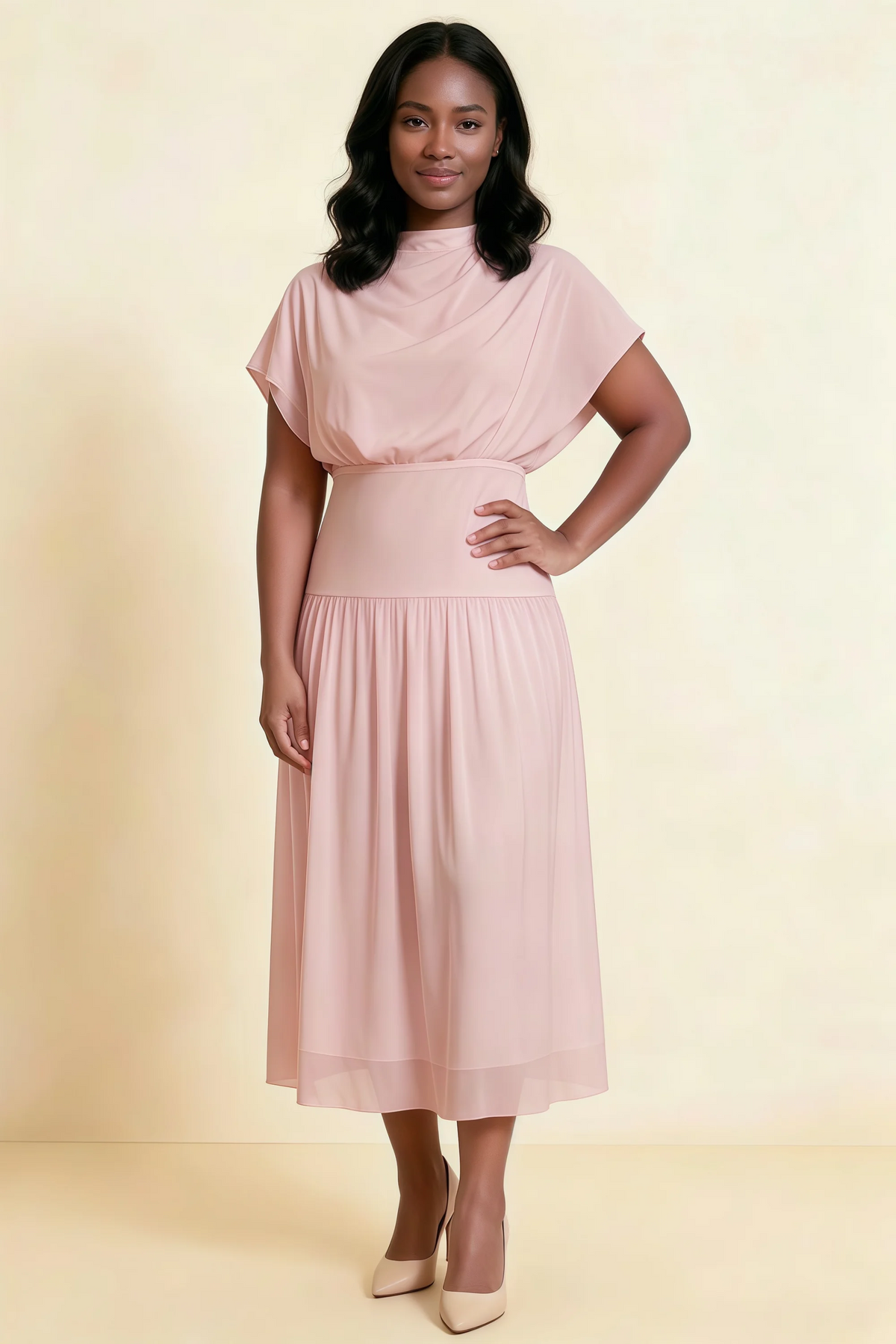 Alva Dusty Rose High Neck Gathered Skirt Midi Dress