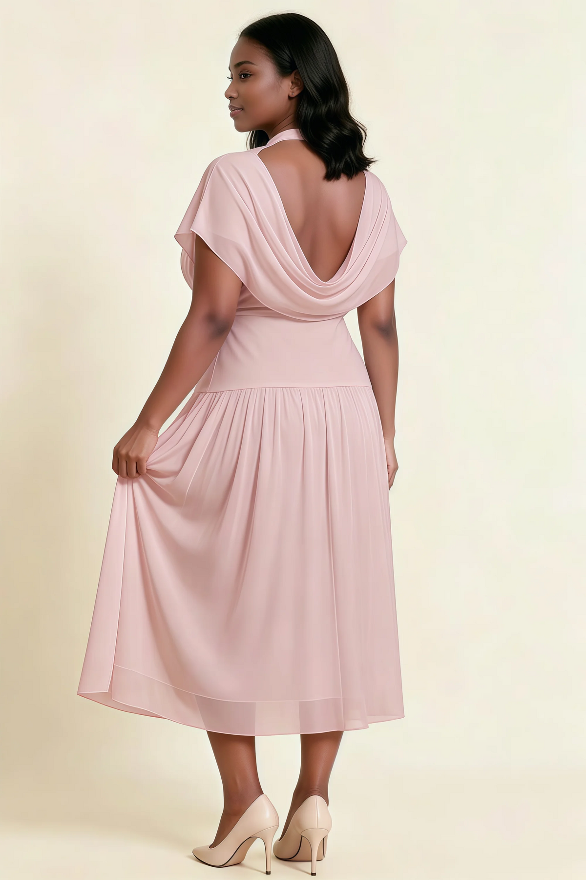 Alva Dusty Rose High Neck Gathered Skirt Midi Dress