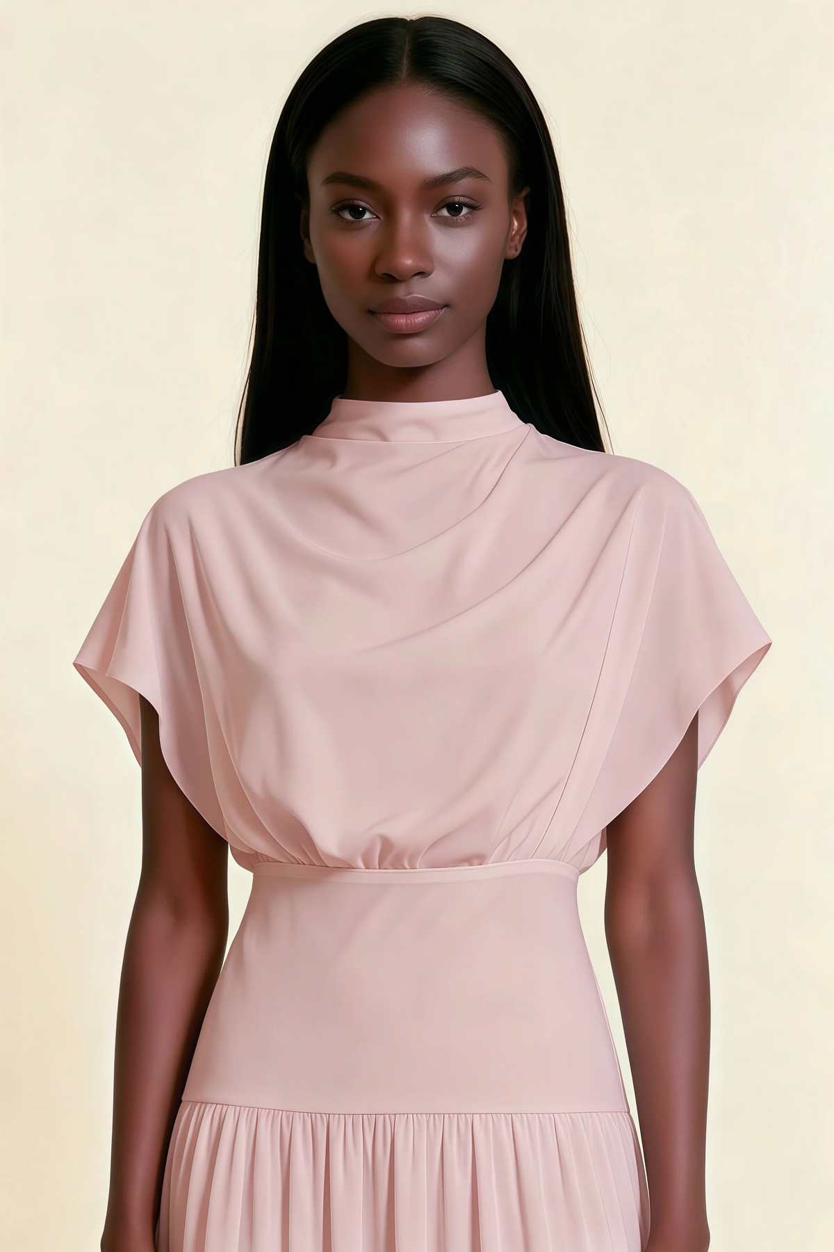 Alva Dusty Rose High Neck Gathered Skirt Midi Dress