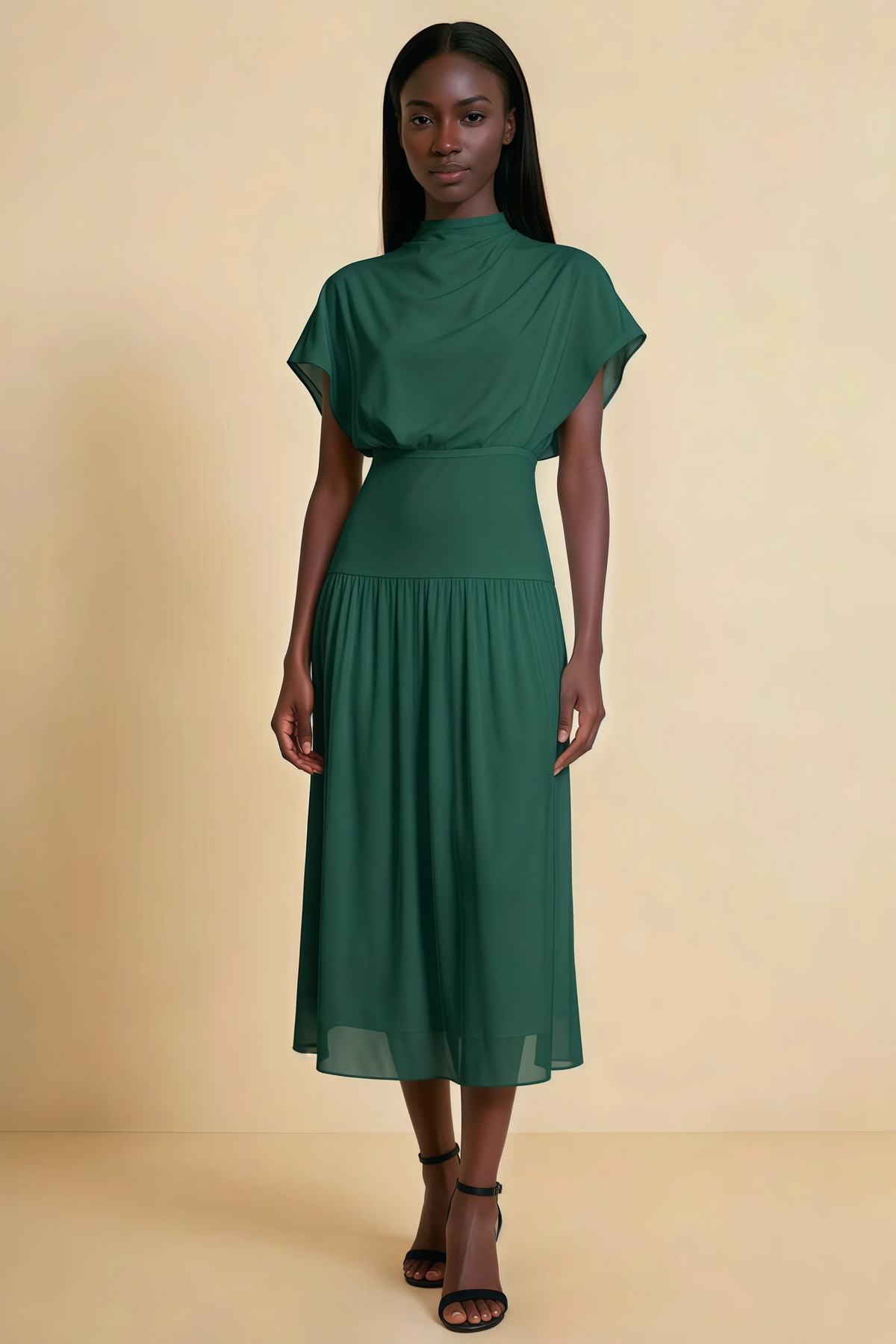 Alva Emerald Green High Neck Gathered Skirt Midi Dress