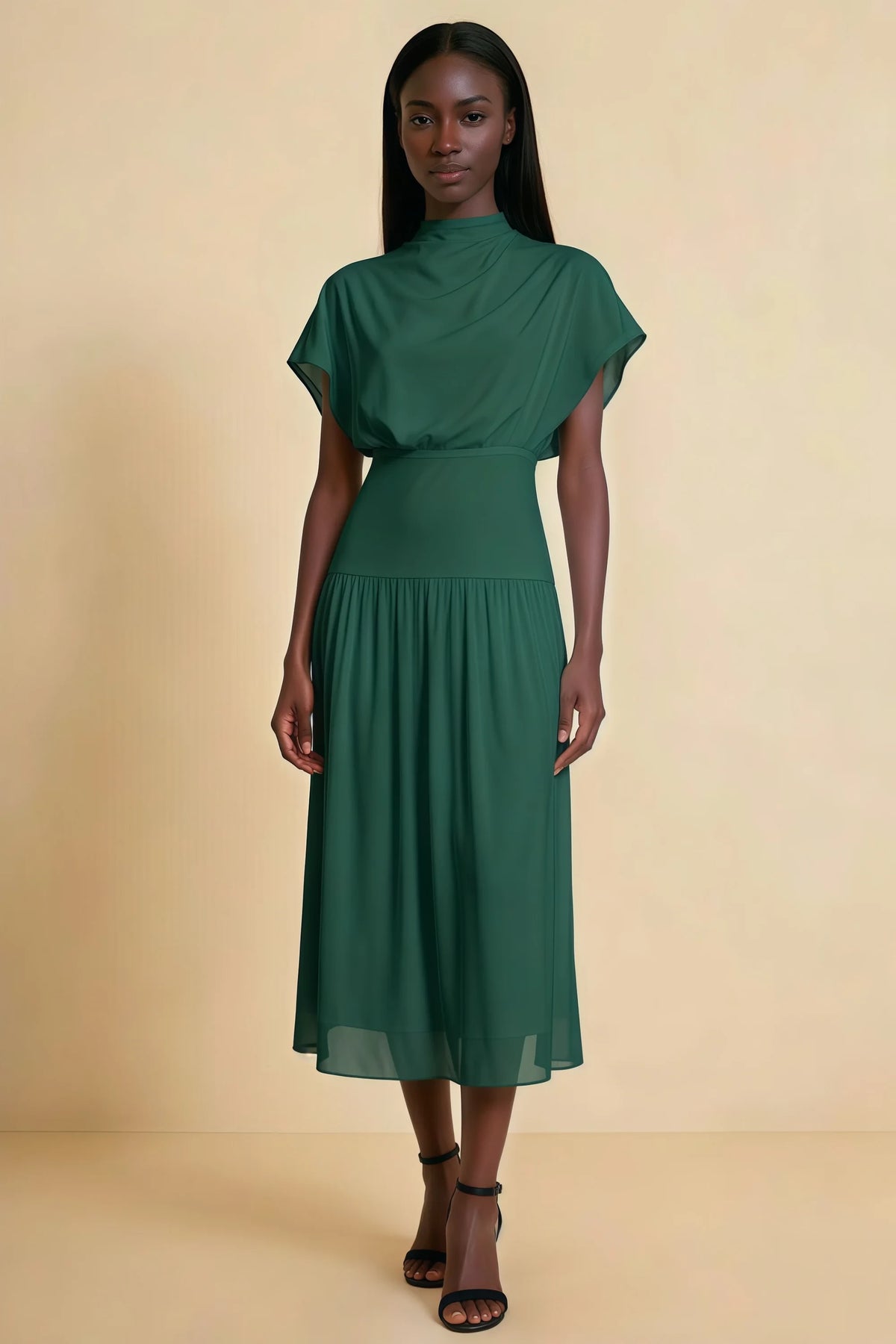 Alva Emerald Green High Neck Gathered Skirt Midi Dress Imagen principal del producto
