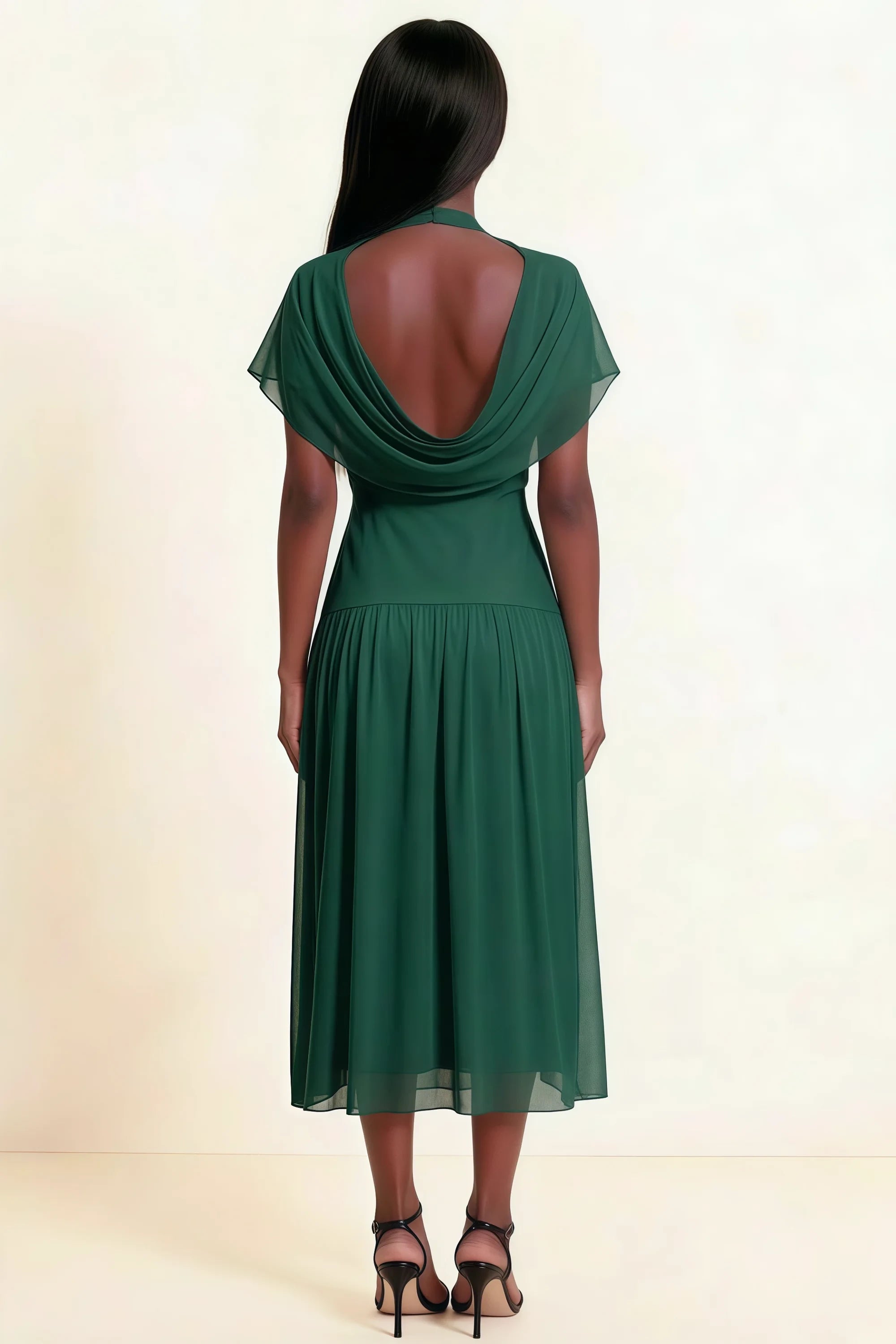 Alva Emerald Green High Neck Gathered Skirt Midi Dress Imagen secundaria del producto