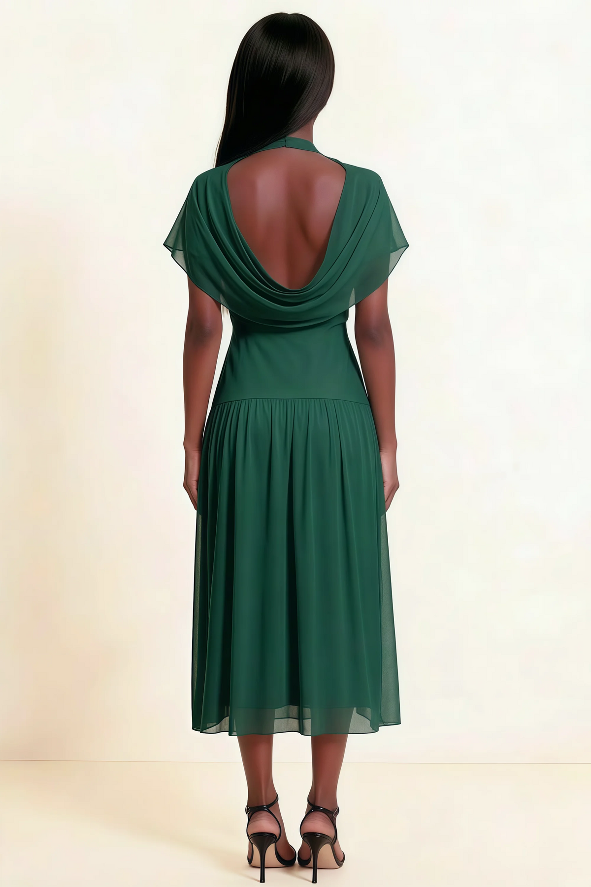 Alva Emerald Green High Neck Gathered Skirt Midi Dress