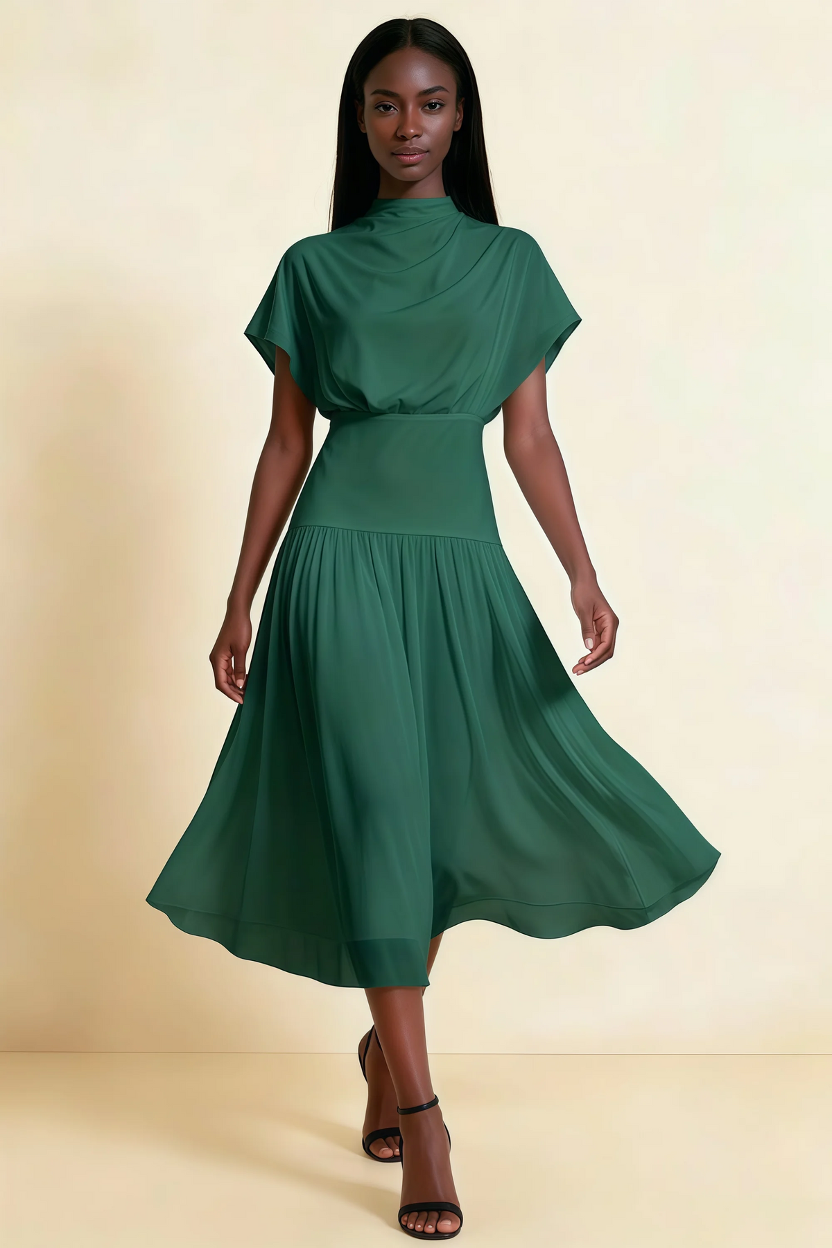 Alva Emerald Green High Neck Gathered Skirt Midi Dress